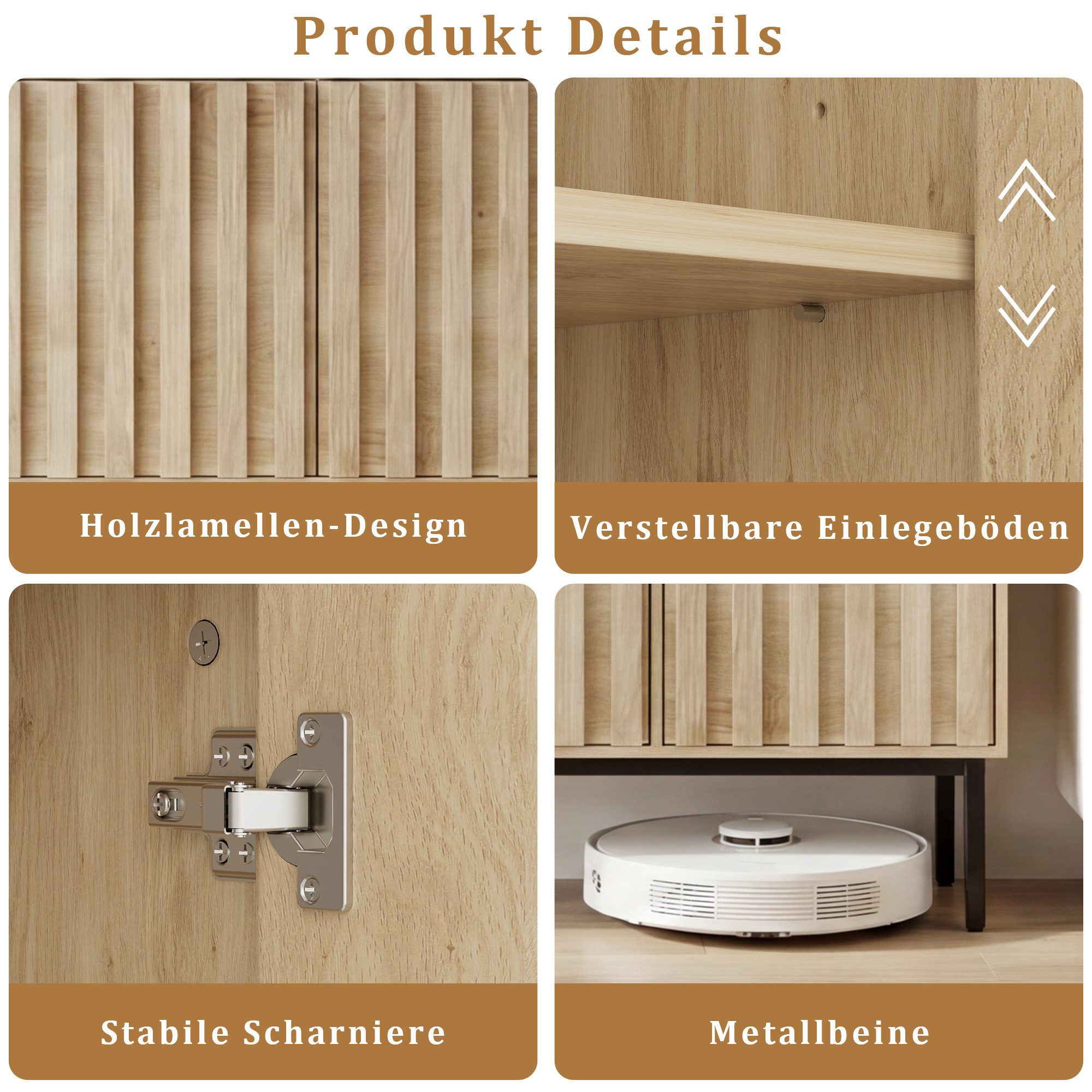 UEV Sideboard Küchenschrank mit 3 Türen & 3 offenen Fächern (Kommode), 105 x 39 x 80cm Kaffeebar Schrank für Flur Wohnzimmer Schlafzimmer – Bild 5 von 5