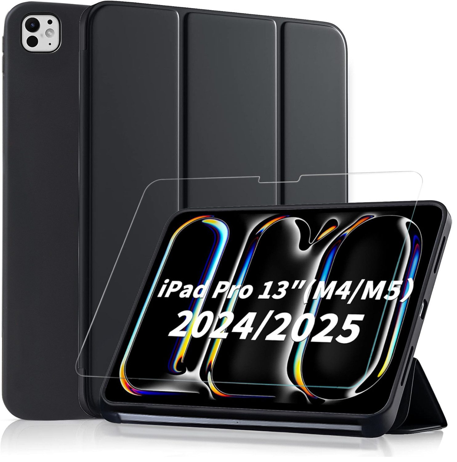 CLM-Tech Tablet-Hülle + Panzerfolie für iPad Pro M5 / M4 (2025/2024) 13 Zoll, Standfunktion, Magnetverschluss, Auto Schlaf/Wach Funktion