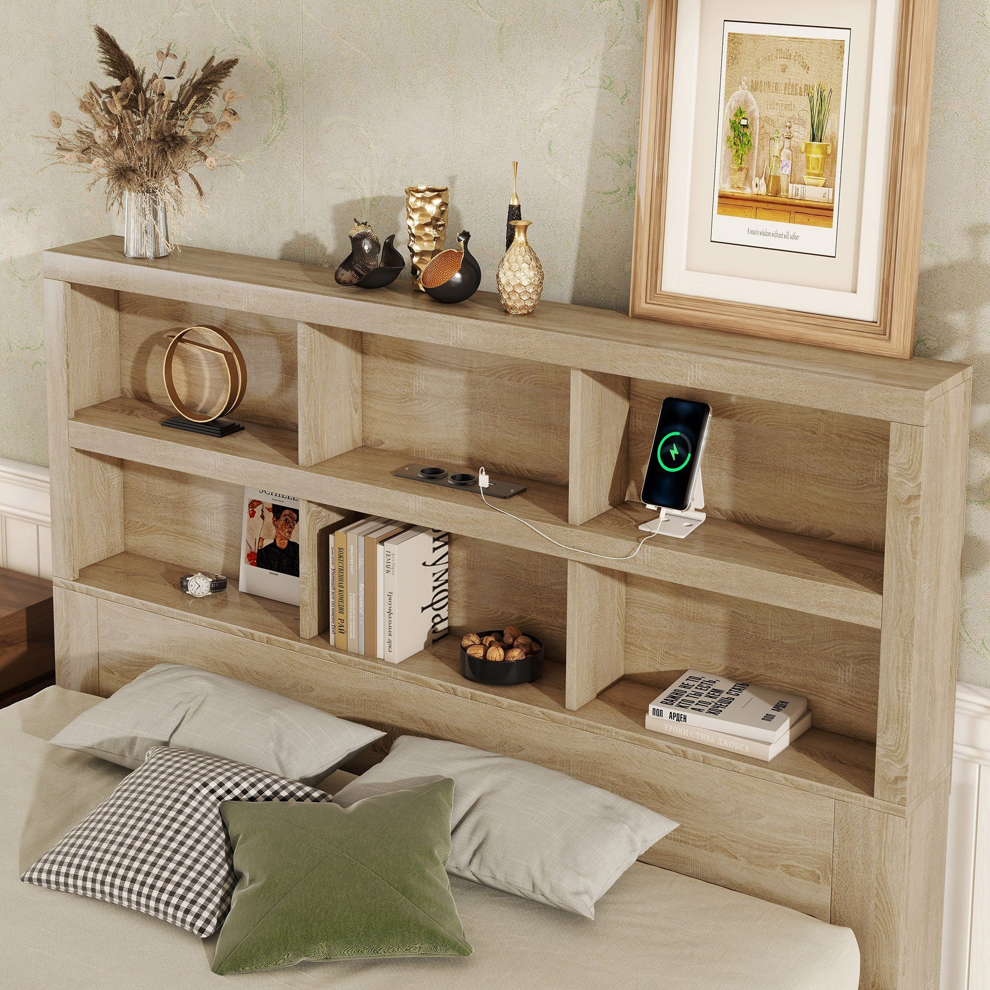 OKWISH Bett Doppelbett, 2 Schubladen, Kopfteil mit Ablagen, USB-Ladefunktion (Holzbett, Lagerungsbett, Kingsize-Plattformbett, mit Stauraum, für Schlafzimmer und Jugendzimmer, 160x200 cm), ohne Matratze