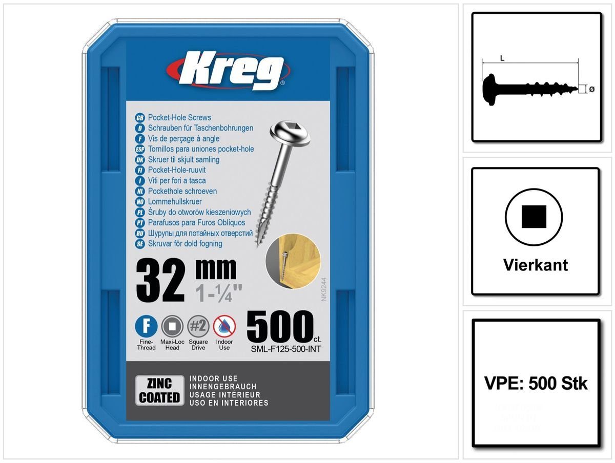Kreg Schraube Pocket-Hole Linsenkopfschraube 32 mm 500 Stk (SML-F125-500) Vierkan