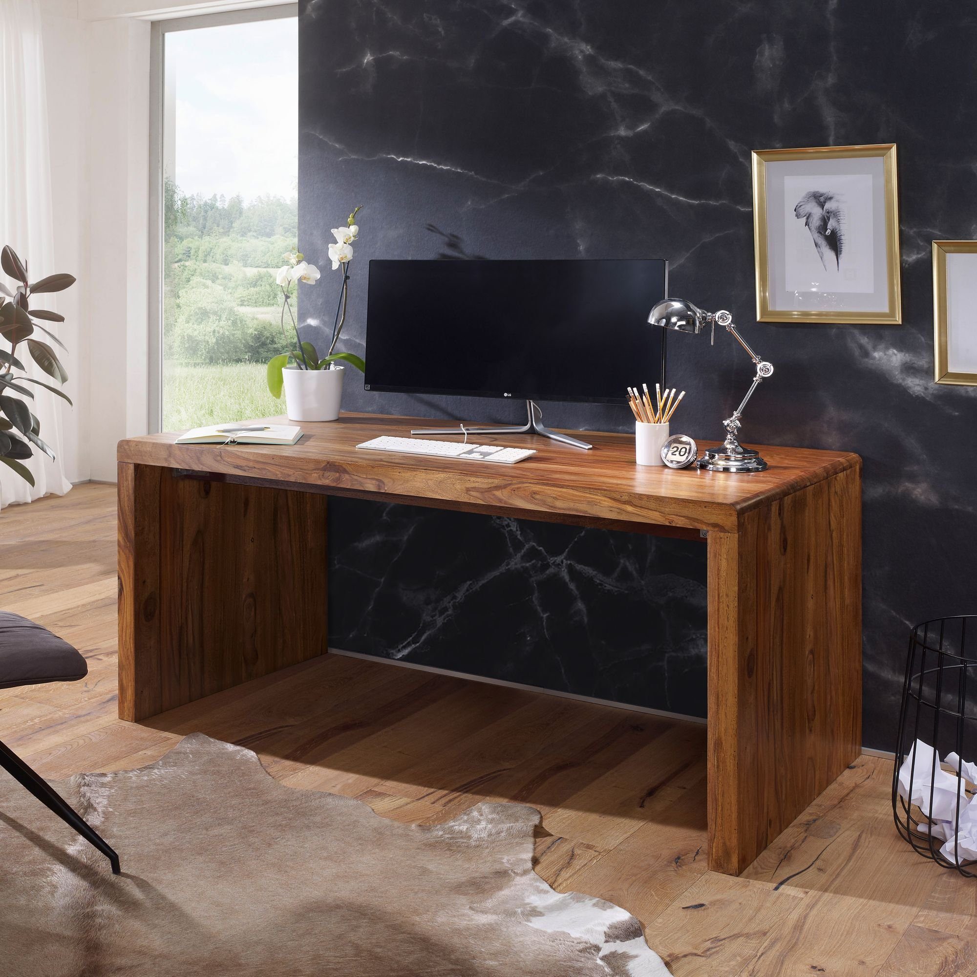 Wohnling Schreibtisch »WL1.434«, BOHA Massiv-Holz Sheesham Computertisch  200 cm breit Echtholz Design Ablage Büro-Tisch Landhaus-Stil online kaufen  | OTTO