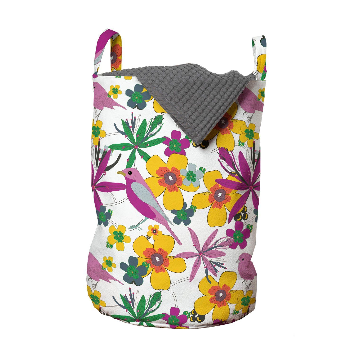 Abakuhaus Wäschesäckchen Wäschekorb mit Griffen Kordelzugverschluss für Waschsalons, Blumen Spitz Blumen-Vogel-Blätter