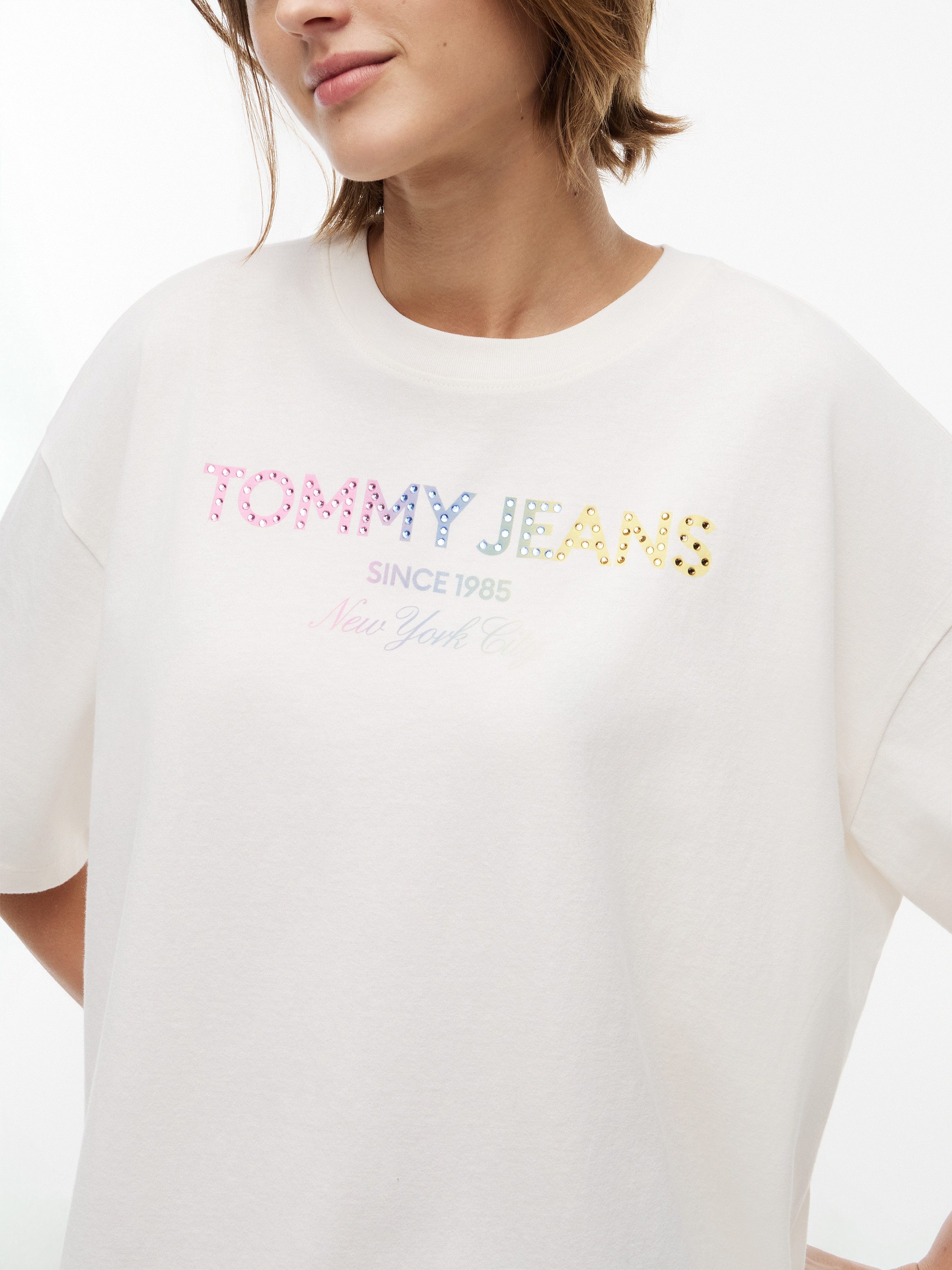 Tommy Jeans T-Shirt TJW OVS TJ BLING GMD TEE Baumwolle, Glitzerdetails, Logodruck