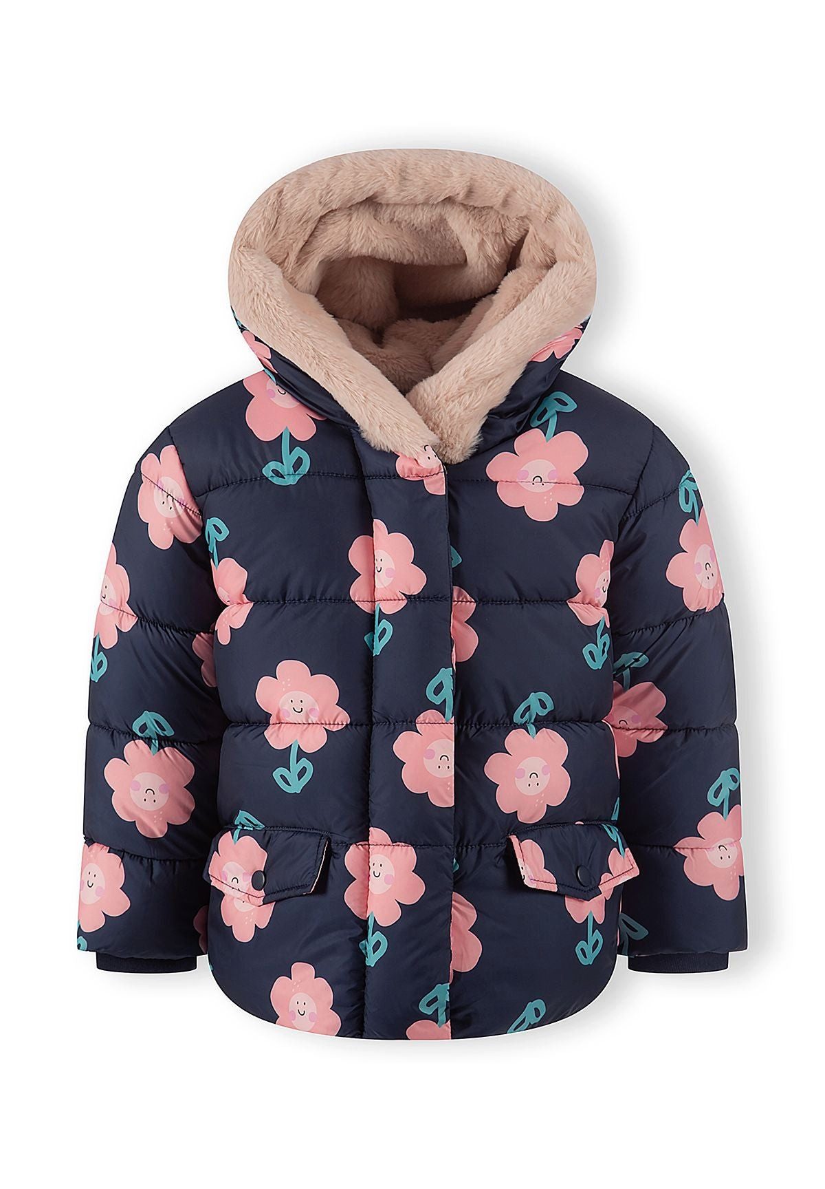 MINOTI Winterjacke für Mädchen mit Blumenprint Kunstfellfutter