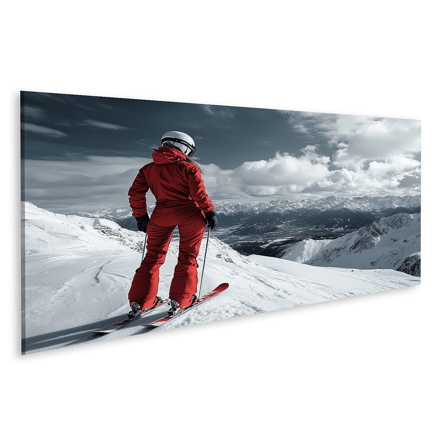 islandburner Leinwandbild Skifahrer blickt auf verschneite Berglandschaft
