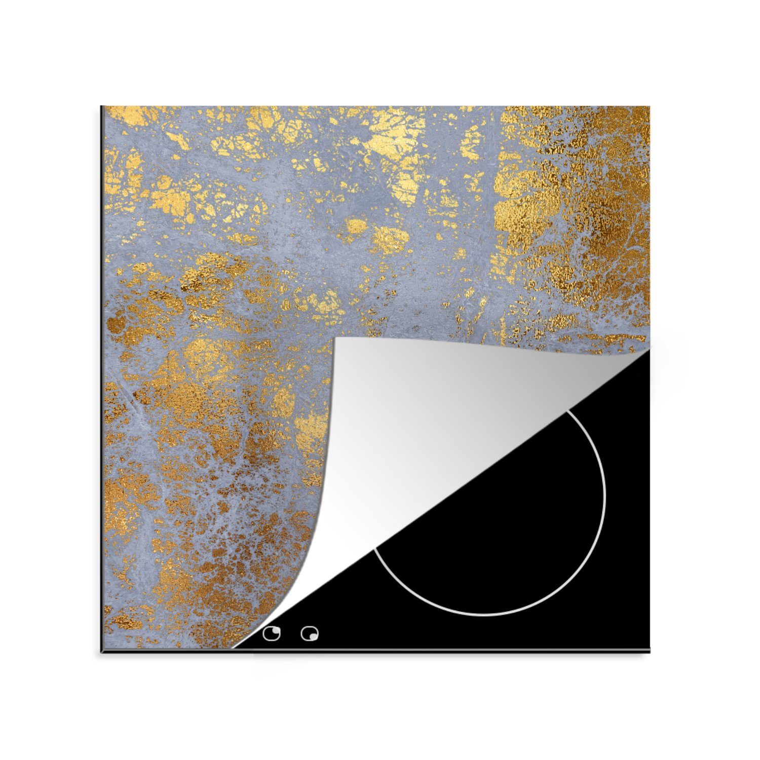 MuchoWow Herdblende-/Abdeckplatte Marmor - Blau - Gold - Luxus, Vinyl, (1 tlg), 78x78 cm, Ceranfeldabdeckung, Arbeitsplatte für küche