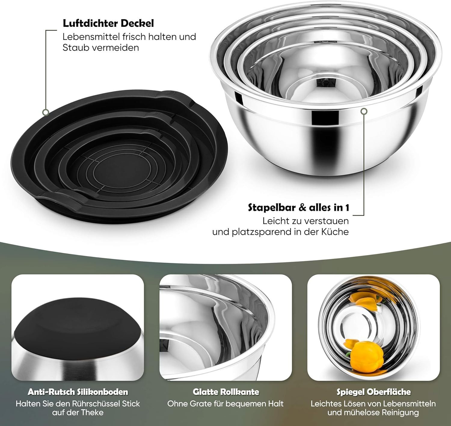PFCTART Rührschüssel Schüssel Set mit Deckel - Salatschüssel & Edelstahl Schüssel, Edelstahl (Schüsseln), Kunststoff (Deckel), (Rostfrei, leicht zu reinigen - V – Bild 4 von 5