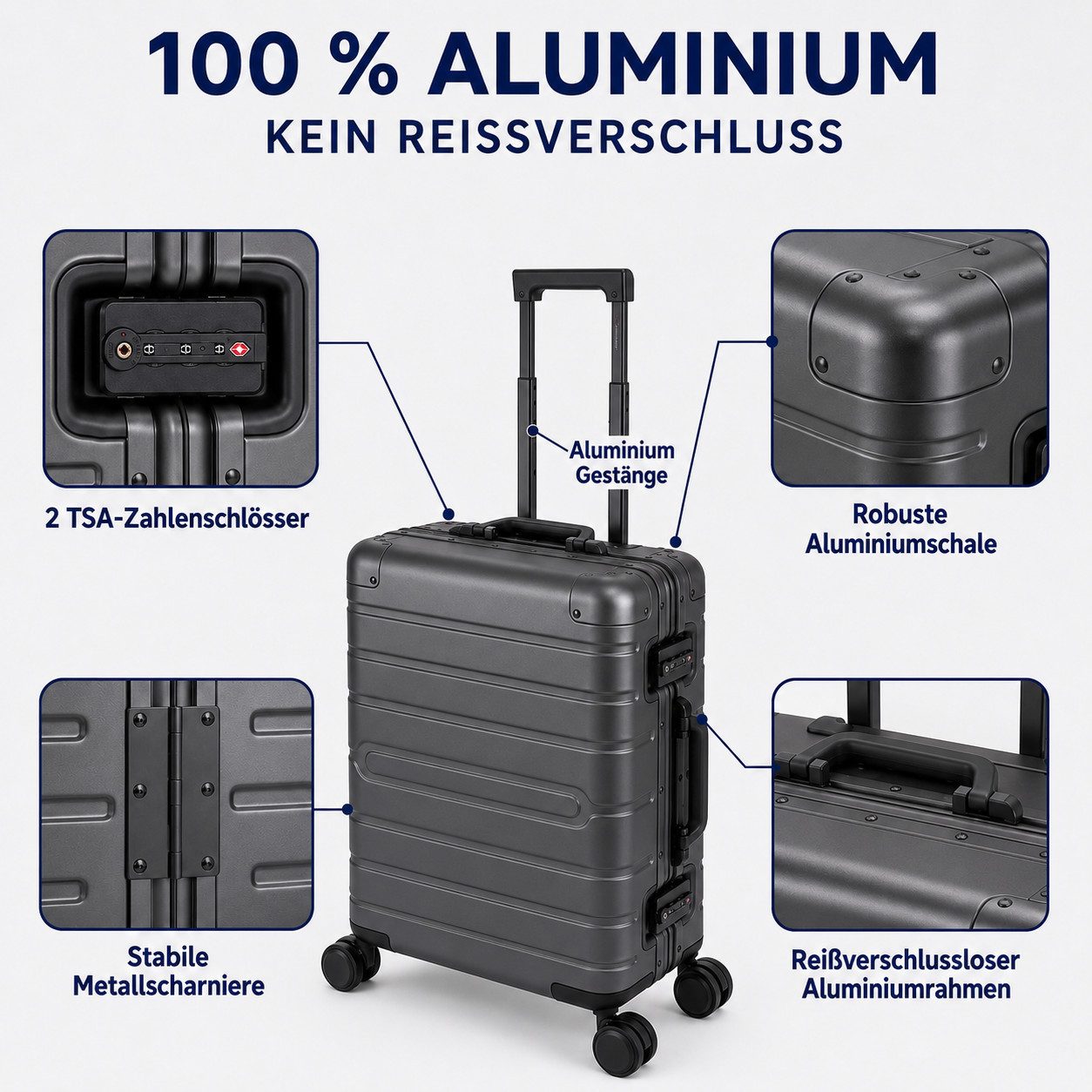 Travelhouse Kofferset 100% Aluminium OSLO - verschiedene Farben, 4 Rollen, (2 tlg., S+M), mit stabilem Aluminium Gehäuse und verstärkten Ecken