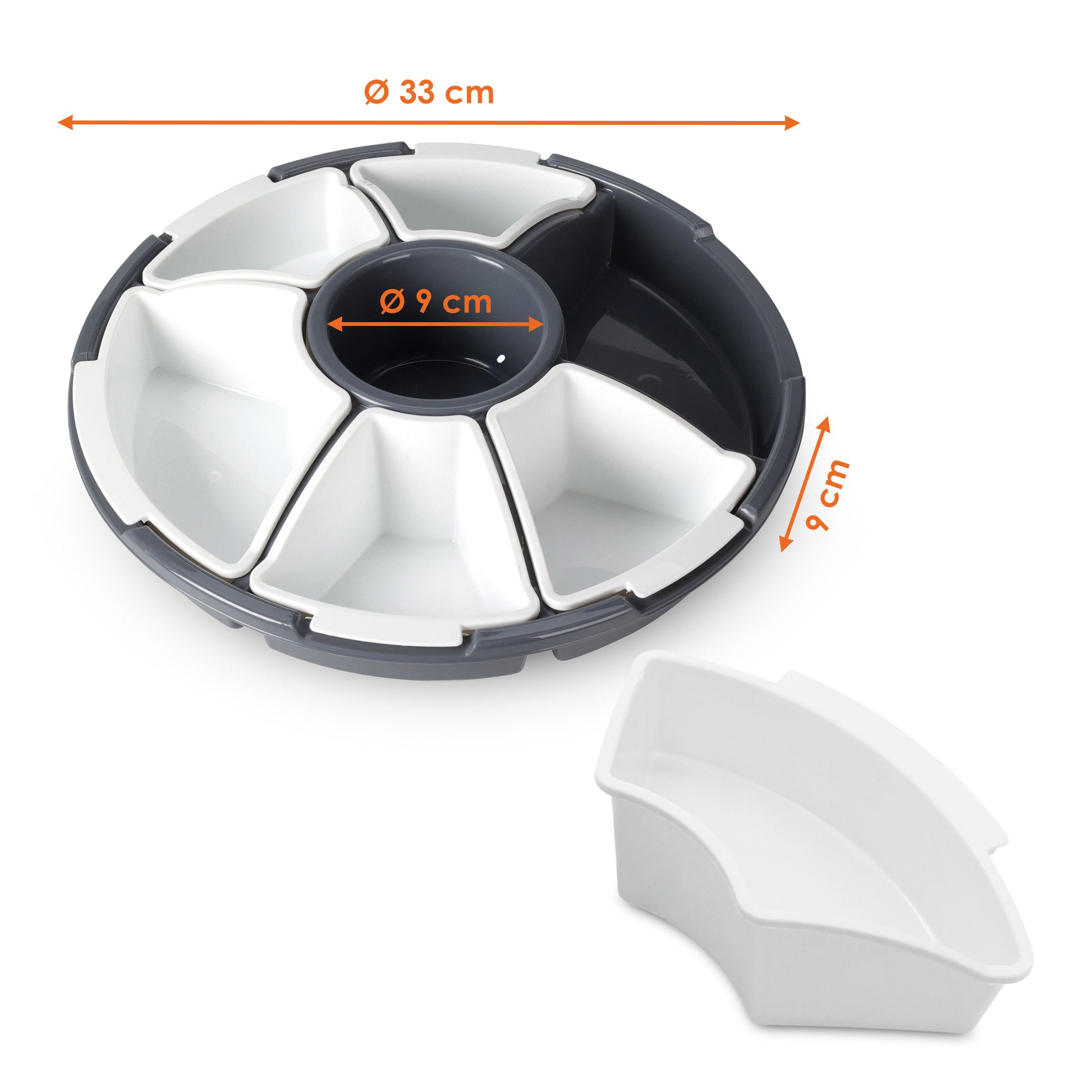 Spetebo Servier-Set Transport Servierset mit 6 Schalen - Ø 33 cm, Kunststoff, (Set, 8-tlg., Servierset -mit 6 Schalen + Deckel), Runde Snack, Dip und Tapas Transport Box mit Deckel