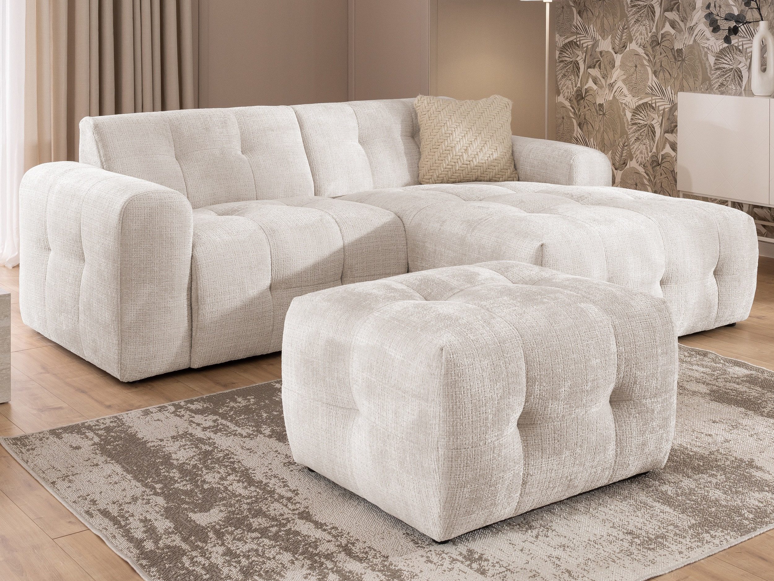 S-Style Möbel Ecksofa und Hocker Kozy Bumpy Design mit Schlaffunktion & fester Rückenlehne, aus weichem Chenille-Stoff, mit Wellenfederung