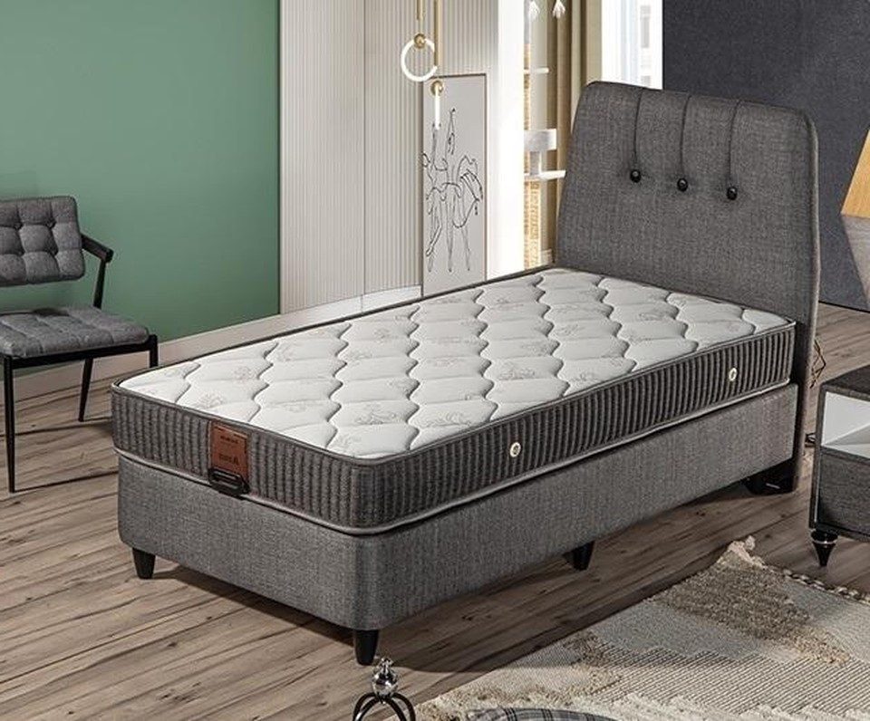 Xlmoebel Boxspringbett XLMOEBEL graues Polsterbett aus Holz mit getufteter Textiloberfläche (1-St), Made in Europa