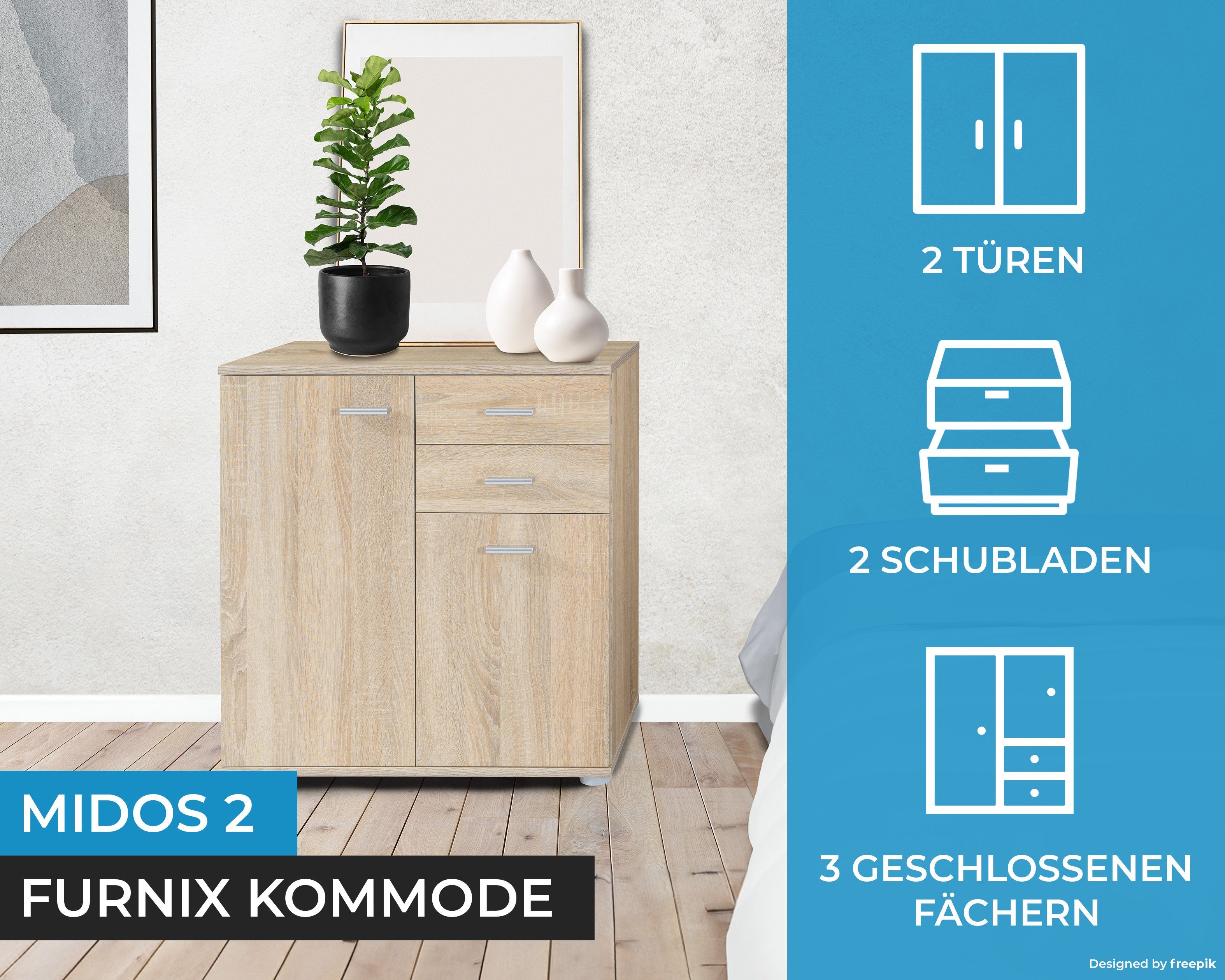x B71 Schubladen, 2 2 2, cm klassischer und Sonoma Schrank Kommode Furnix Türen H75 multifunktionaler x mit T35 MIDOS