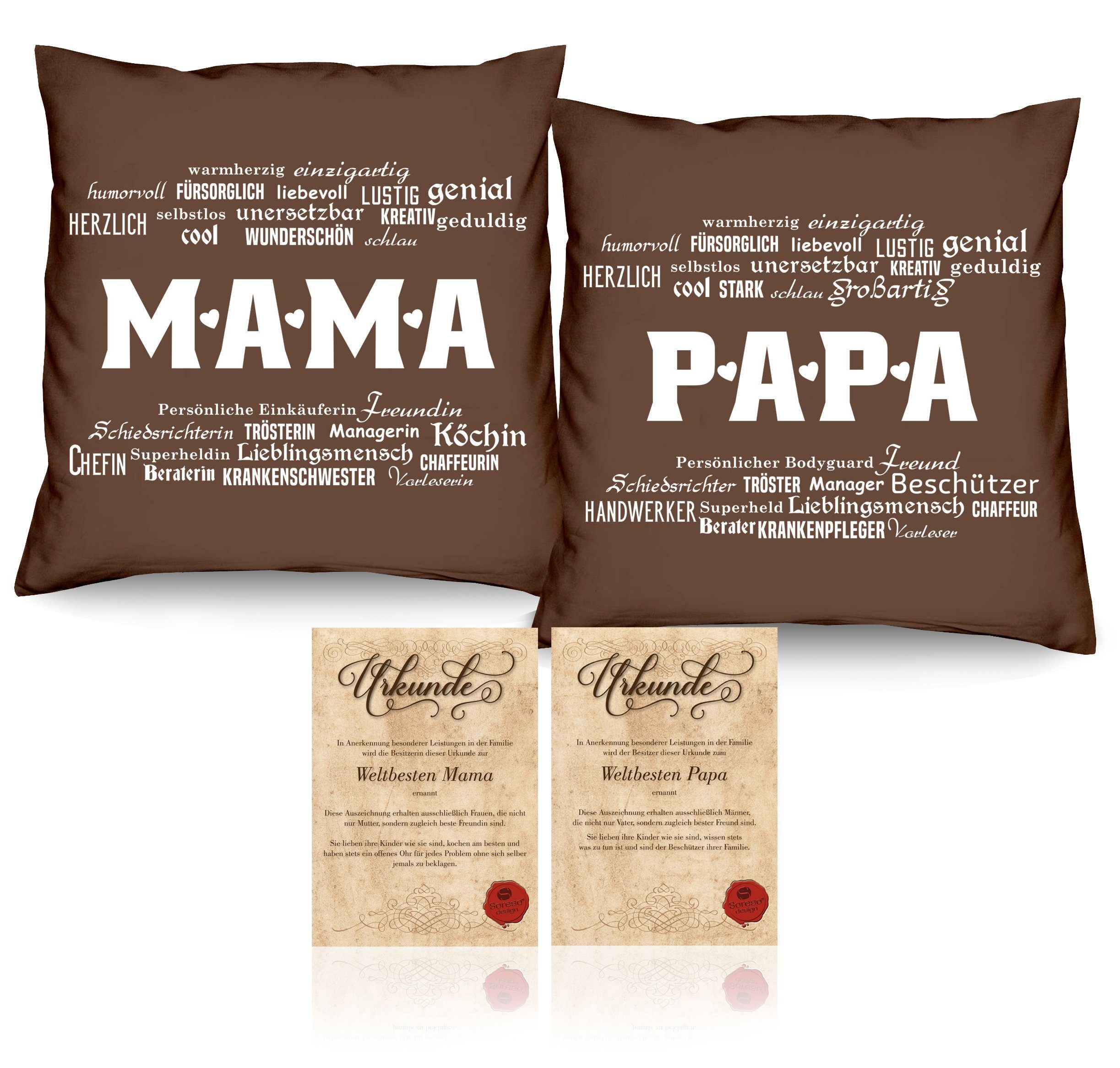 Soreso® Dekokissen Geschenk Kissen 2 Weihnachten Weihnachtsgeschenk, Geschenk-Set Eltern Papa Mama Set