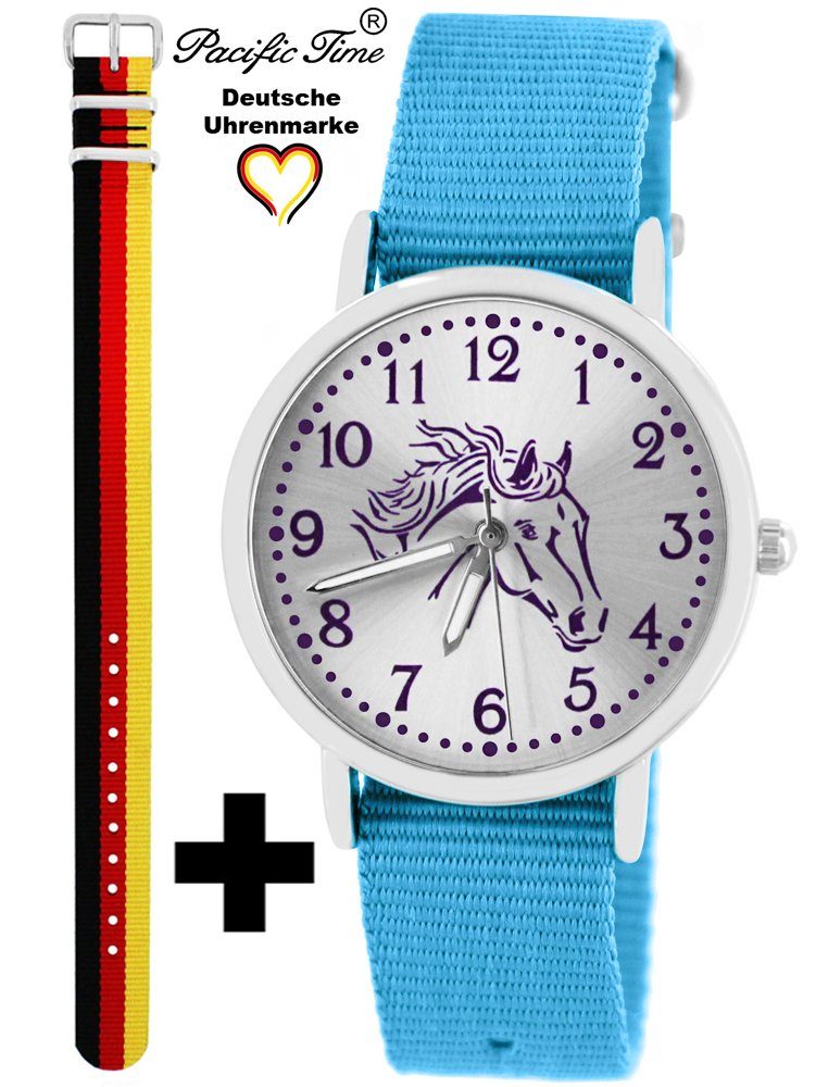 Pacific Time Quarzuhr Set Kinder Armbanduhr Pferd violett Wechselarmband, Mix und Match Design - Gratis Versand Deutschland und hellblau