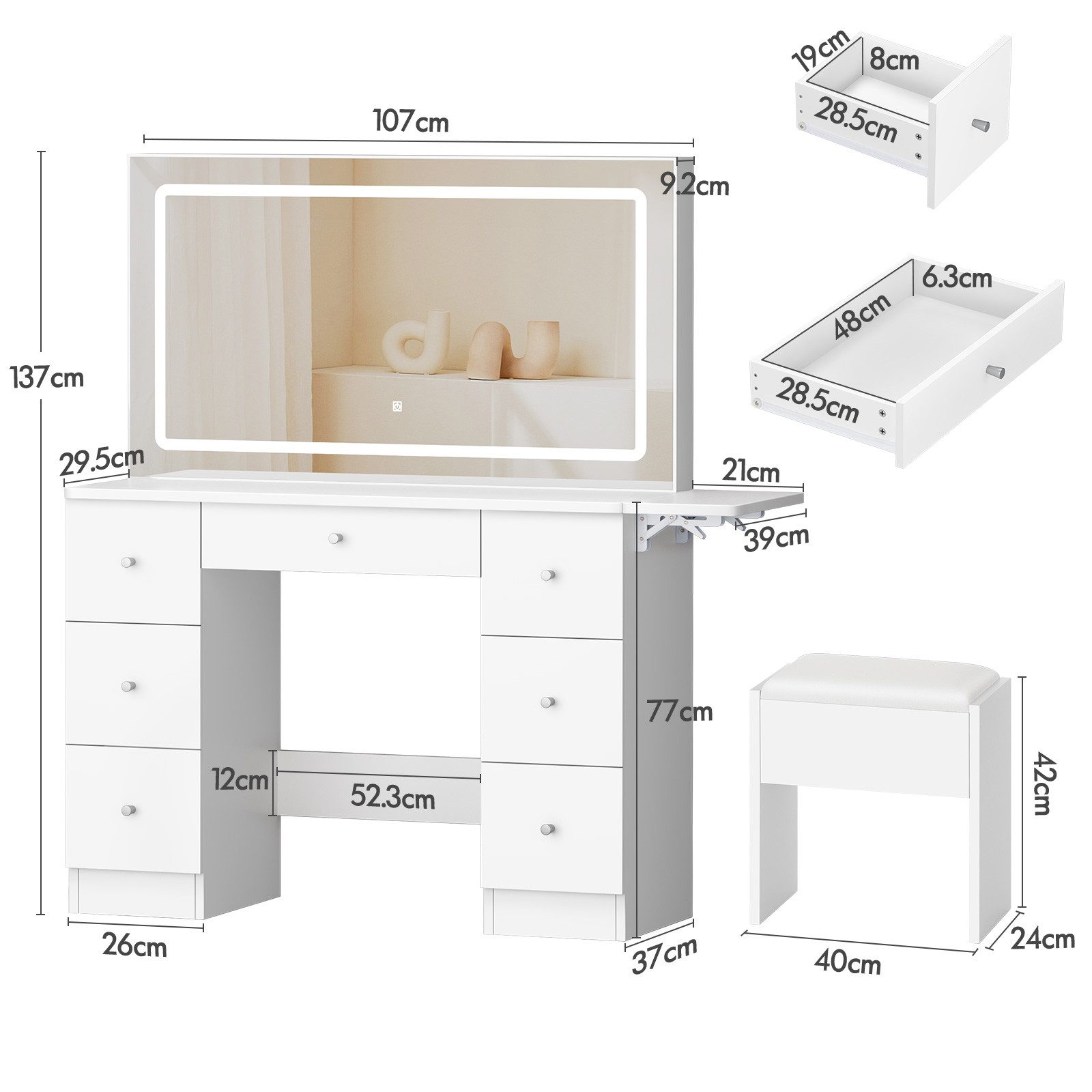 ALFORDSON Schminktisch mit LED-Spiegel, 7 Schubladen und Steckdosen, Schmin günstig online kaufen