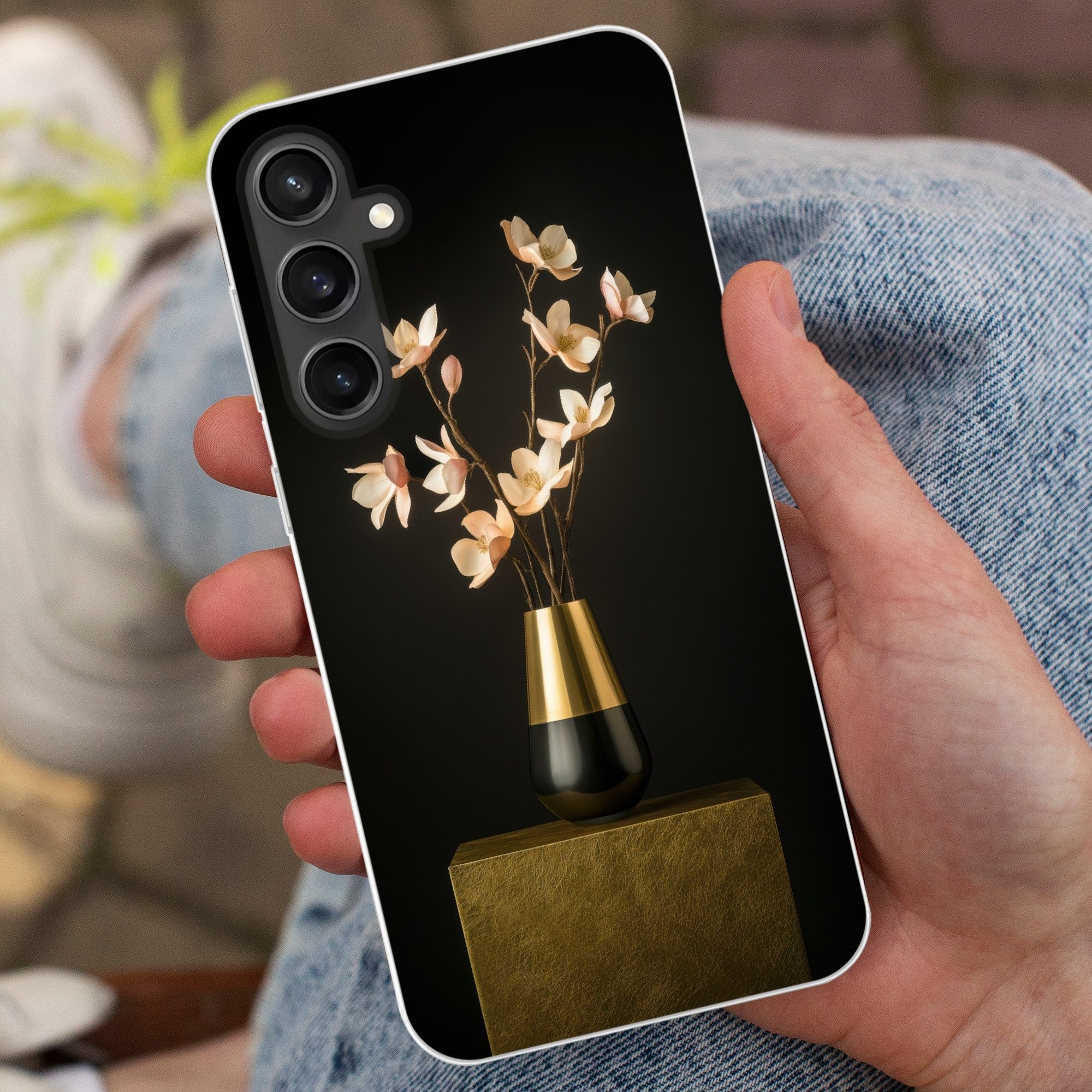 MuchoWow Handyhülle für Samsung Galaxy S23 FE Verschnörkelt - Blumenstrauß - Gold - Vase