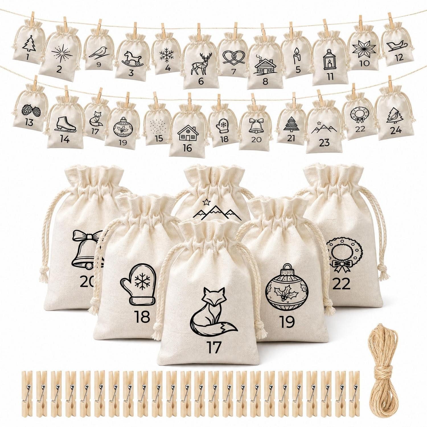 LuxusKollektion DIY-Adventskalender Adventskalender zum Befüllen 24er Set Stoffbeutel