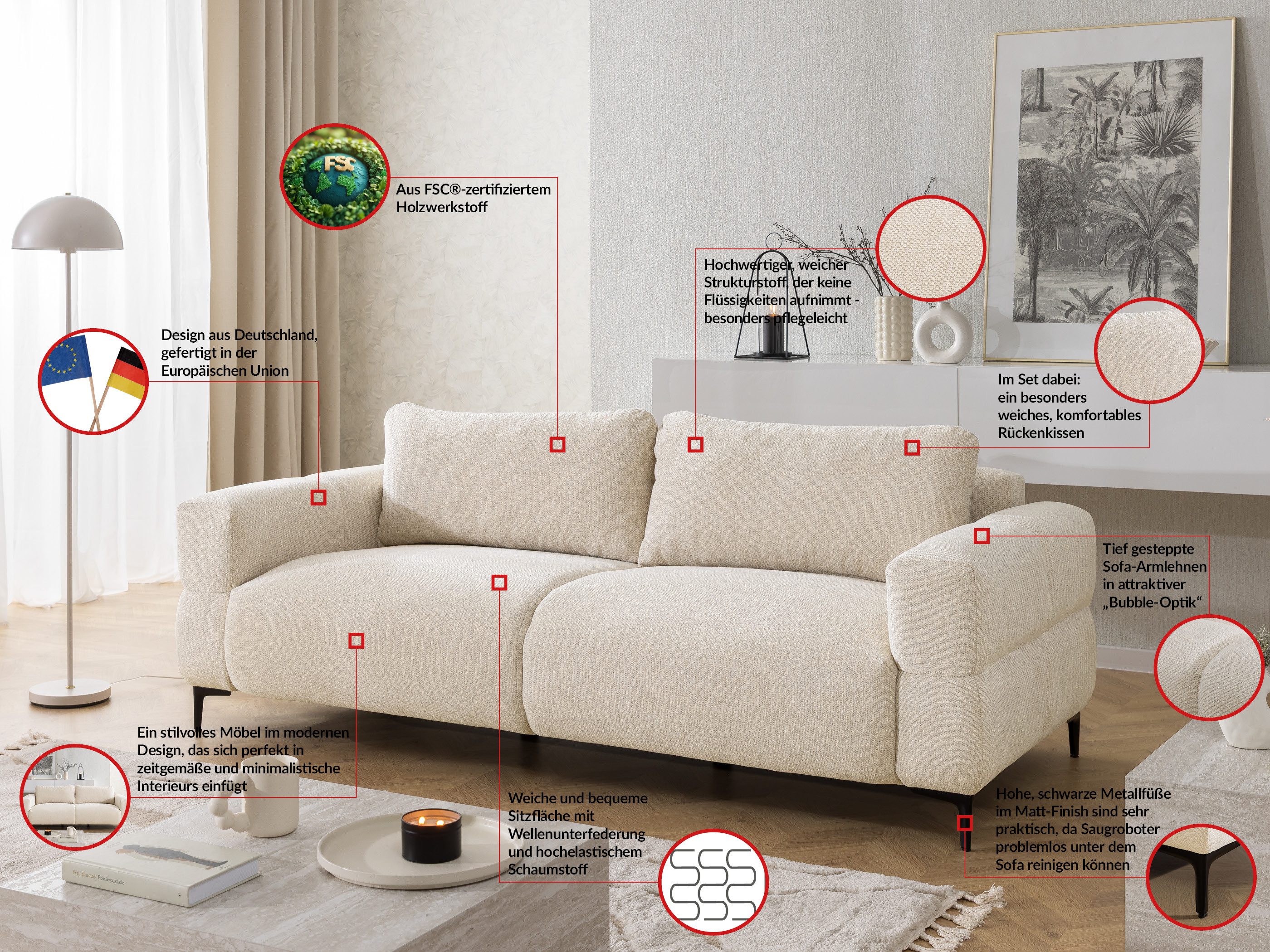 S-Style Möbel 3-Sitzer Sofa Cardea in Bubble-Optik aus weichem Strukturstoff, mit Wellenfederung und hohem Sitzkomfort