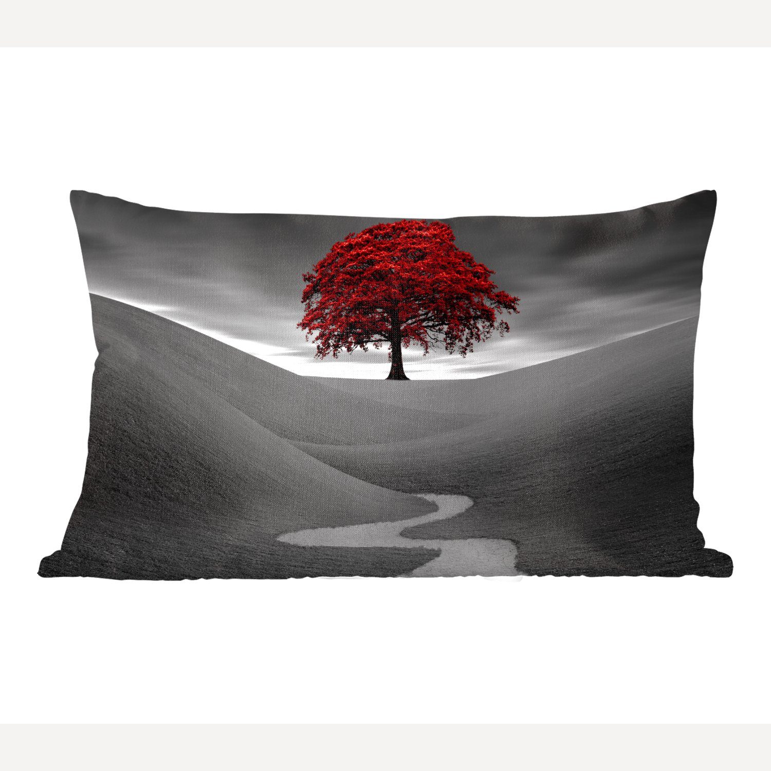 MuchoWow Dekokissen Schwarz-Weiß-Foto mit einem roten Baum, Wohzimmer Dekoration, Zierkissen, Dekokissen mit Füllung, Schlafzimmer