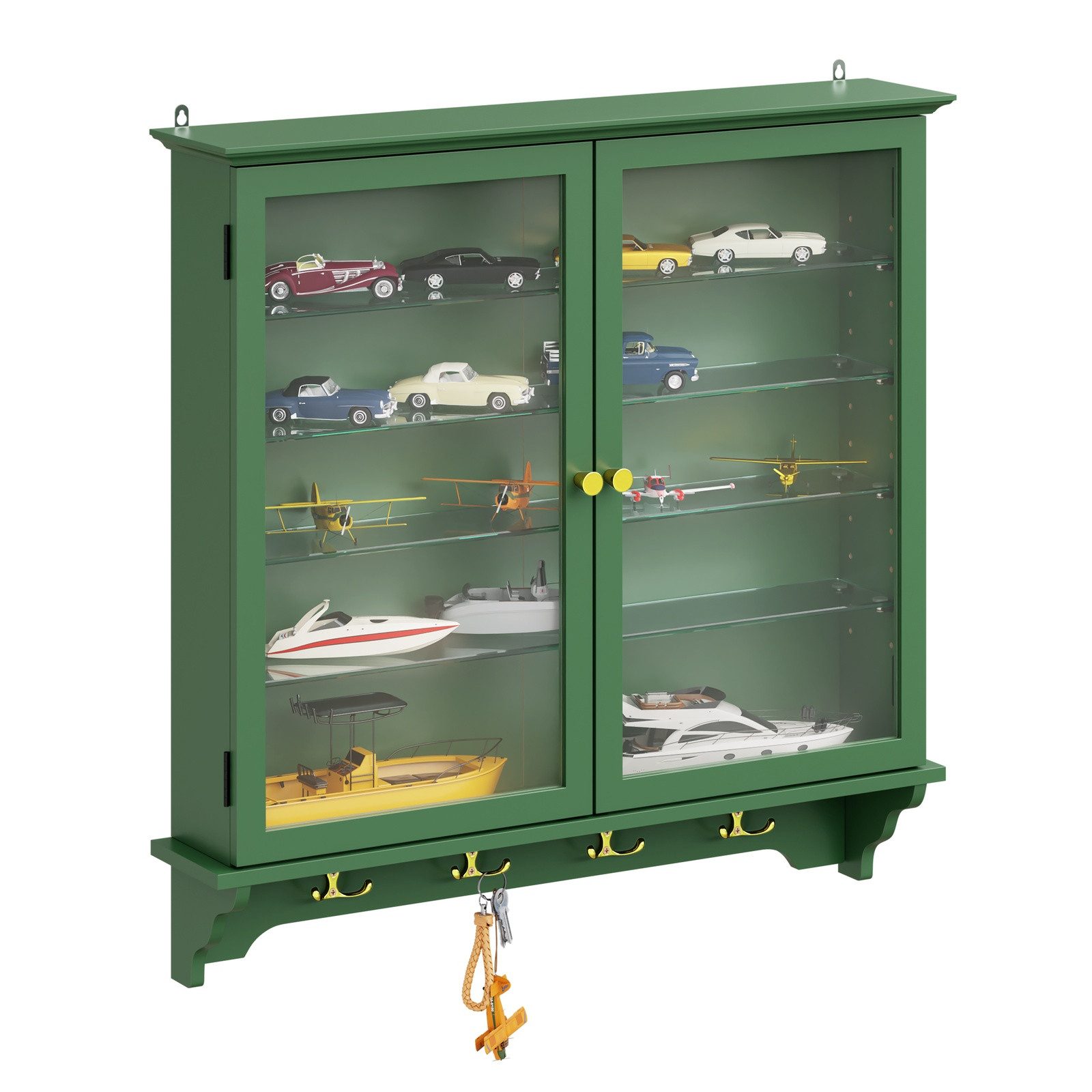 SoBuy Hängevitrine FSB114-E, schmal 68cm, mit Glastüren und LED-Licht (1er Set) Wandschrank dunkelgrün mit verstellbaren Glasböden und Hakenleiste