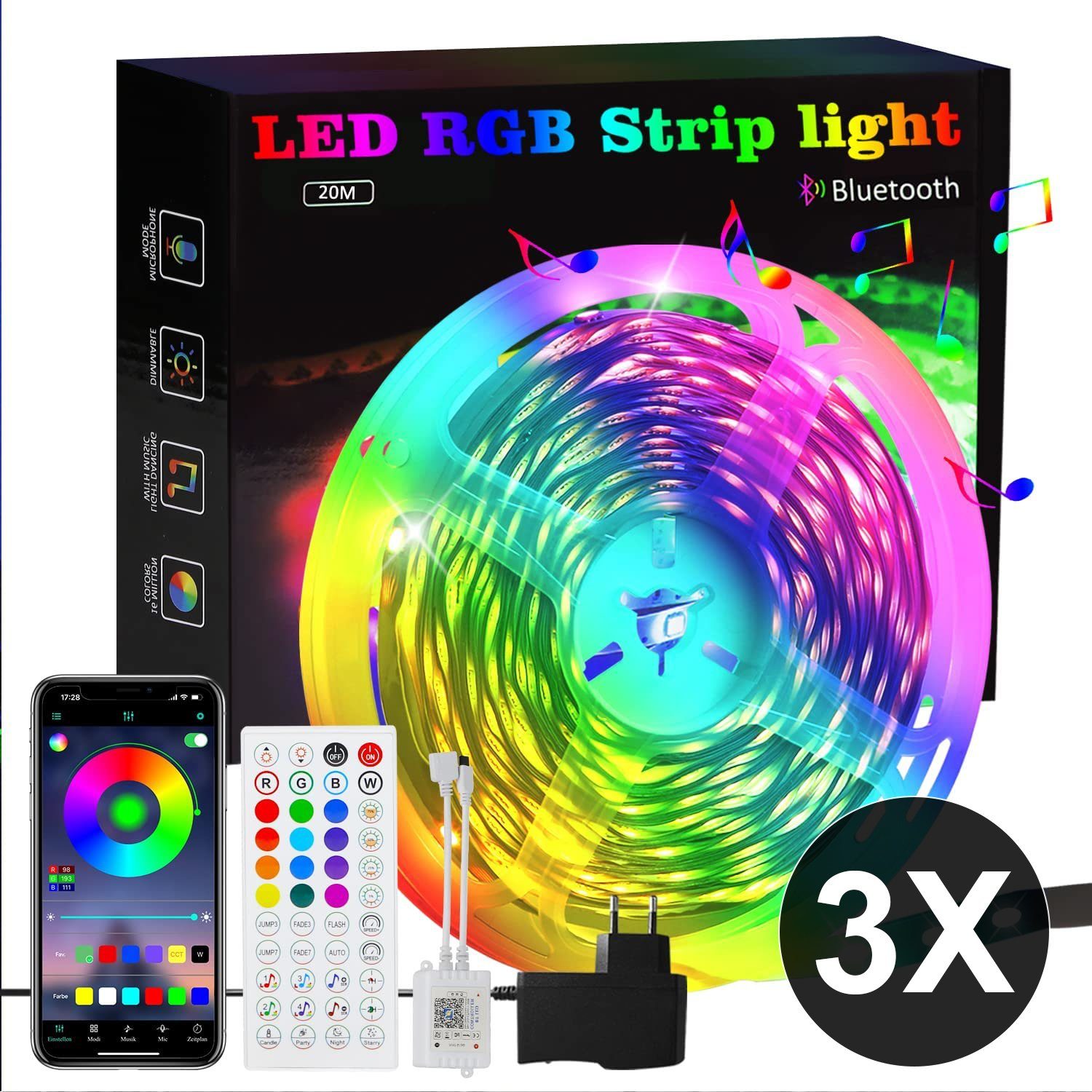 ZMH LED-Streifen RGB einstellbar mit Fernbedienung App LED-Streifen, 3-flammig, 3x 20M, Music Sync