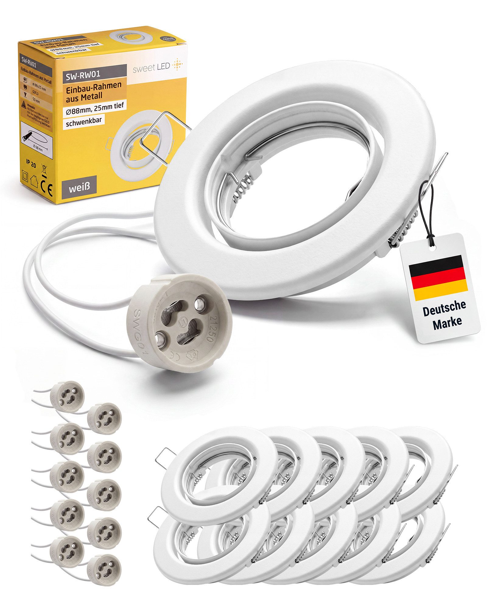 Sweet LED Deckenspot 10er Set GU10 230V Weiß Einbauspots Flach Schwenkbar Rund Ø68mm IP20, ohne Leuchtmittel, Einbauspots, Deckenspots, Einbaustrahler, Deckenlampe