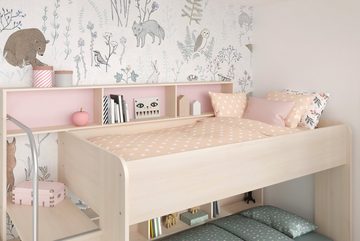 Faizee Möbel Jugendzimmer-Set Etagenbett Bibop+Regalwand+Lattenrostplatten+2 Schreibtische, (3-St)