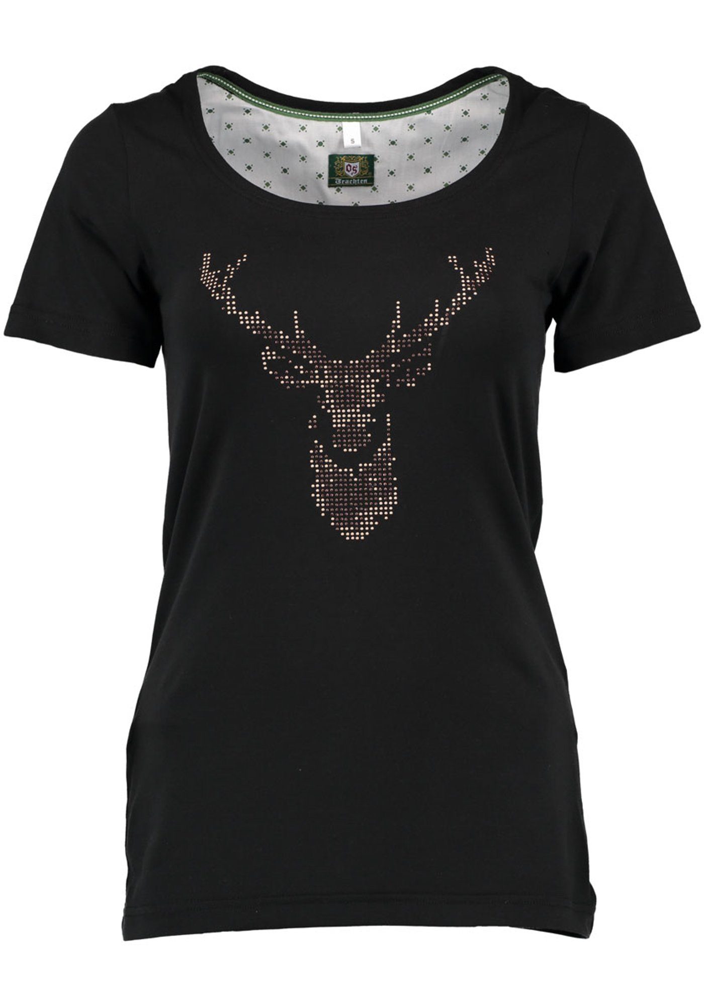 Kurzarm Uginoy T-Shirt der Trachtenshirt Brust schwarz auf mit OS-Trachten Strass-Hirsch