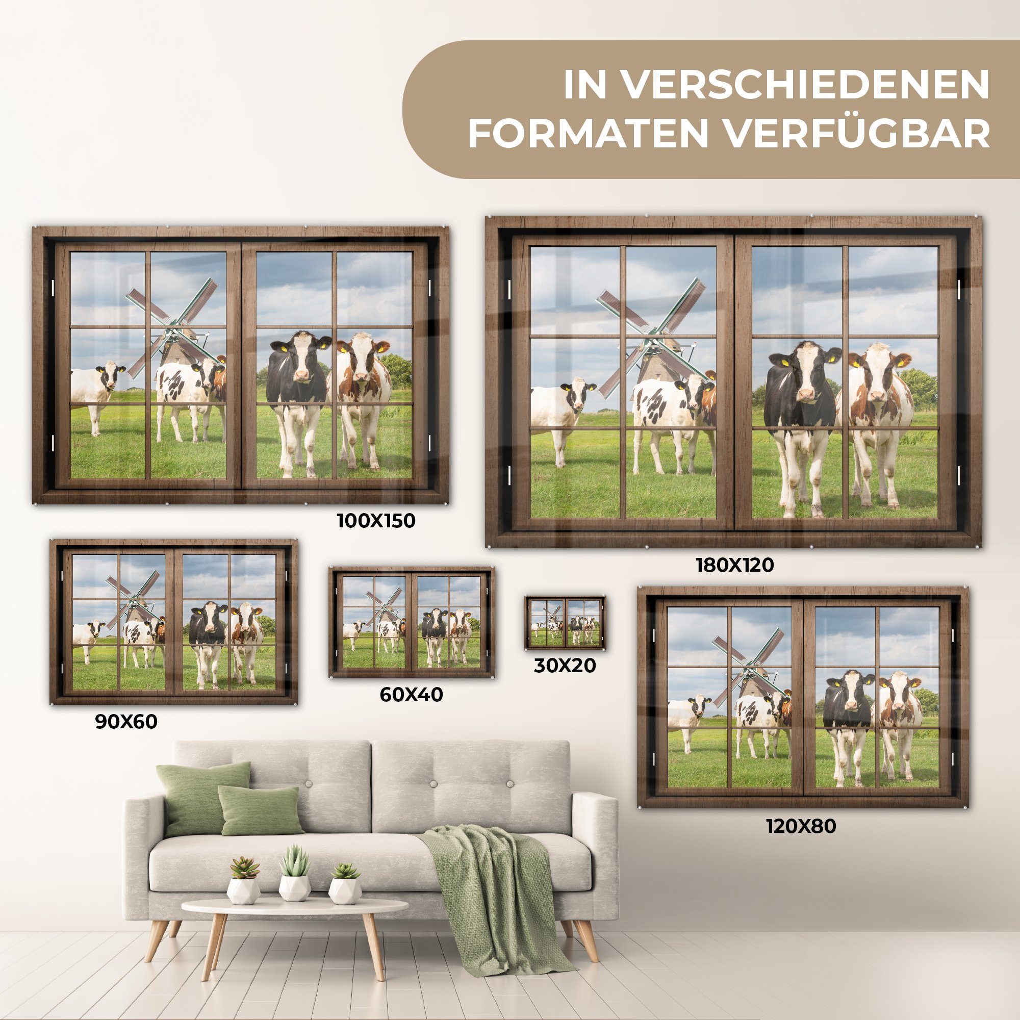 - (1 Kuh, - Acrylglasbild Glas Glas Glasbilder MuchoWow - Foto Ansicht - Bilder St), auf Wanddekoration - Wandbild auf Mühle