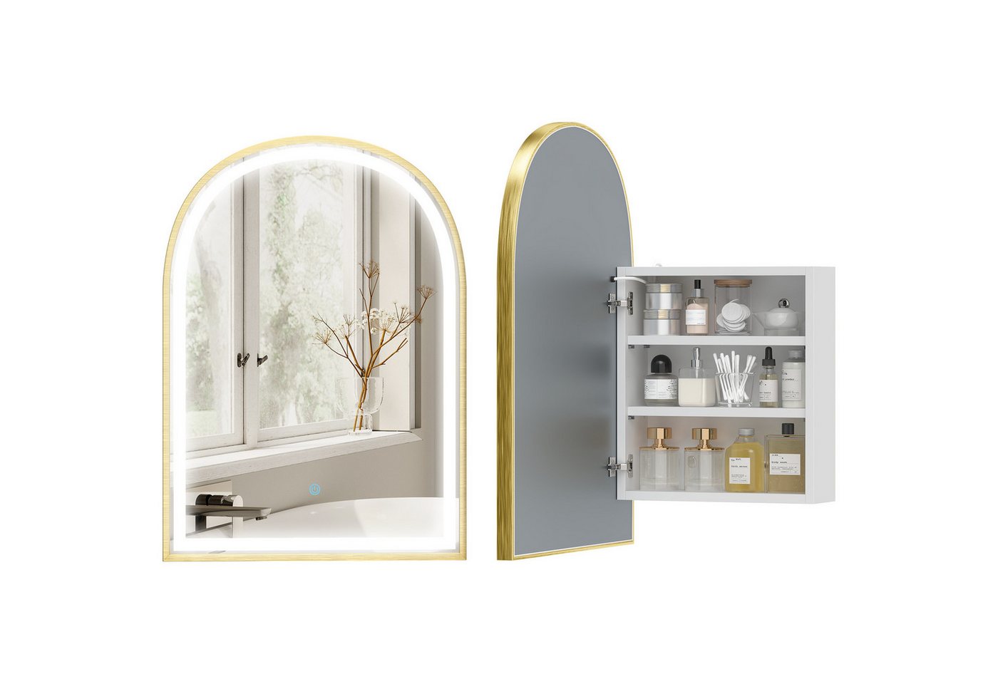 BAYMATE Spiegelschrank Badezimmer-Wandschrank mit Spiegel und LED-Beleuchtung, Bogentür (beschlagfrei, 50 x 14,5 x 70 cm, gold)