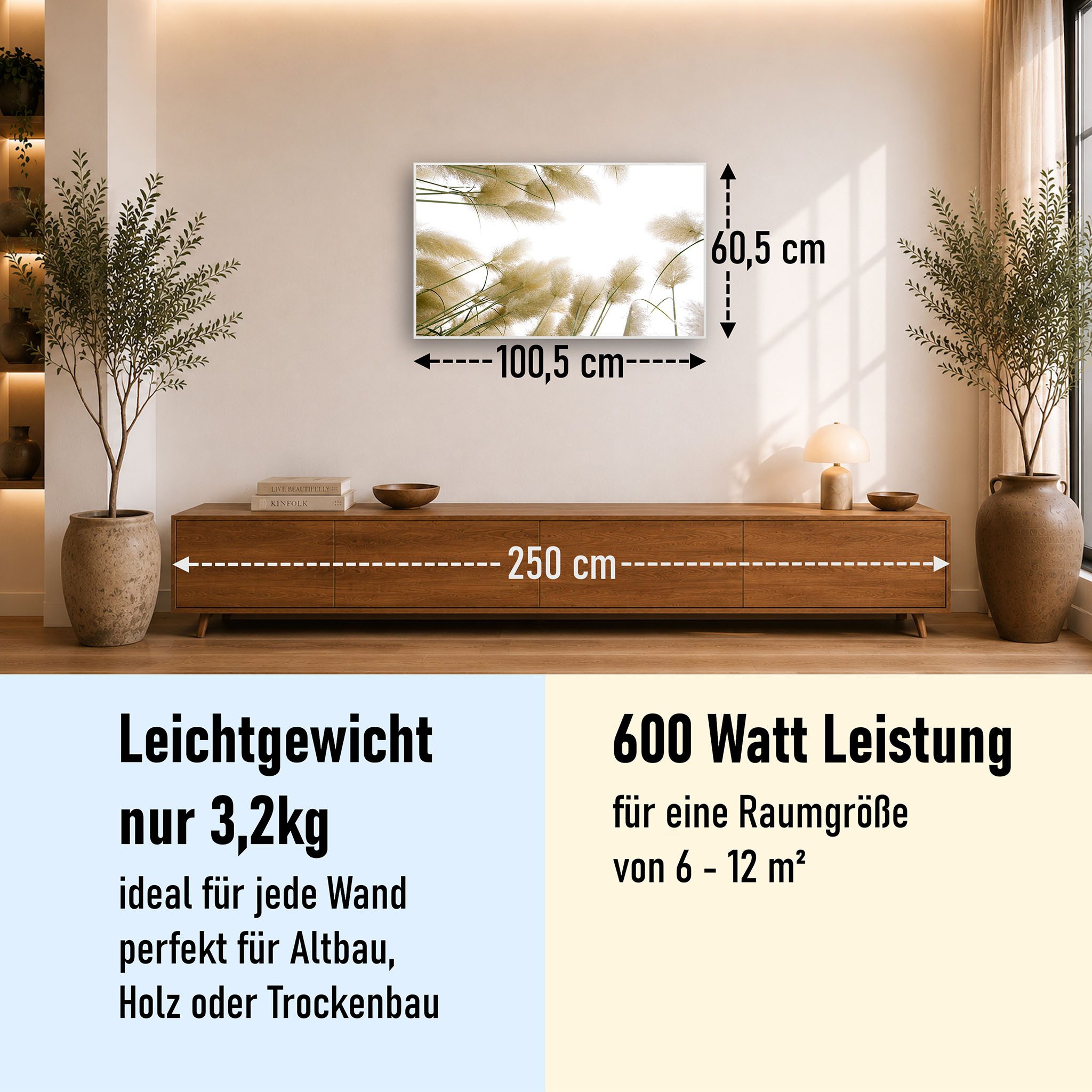 STEINFELD Heizsysteme Infrarotheizung Bild 600W, 100x60cm, Made in Germany, 7 Jahre Garantie, mit Thermostat, Silber