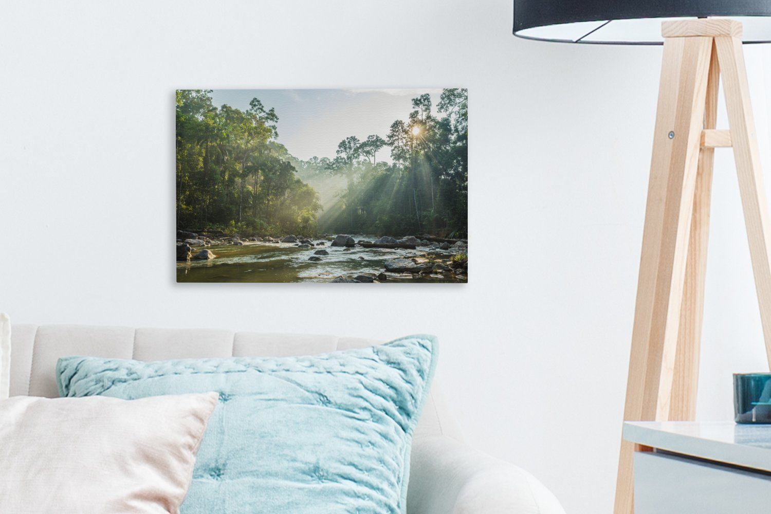 Wanddeko, Landschaft, Flusses einer Aufhängefertig, Bild Leinwandbilder, cm Leinwandbild St), malaysischen 30x20 Wandbild OneMillionCanvasses® grünen (1 eines in