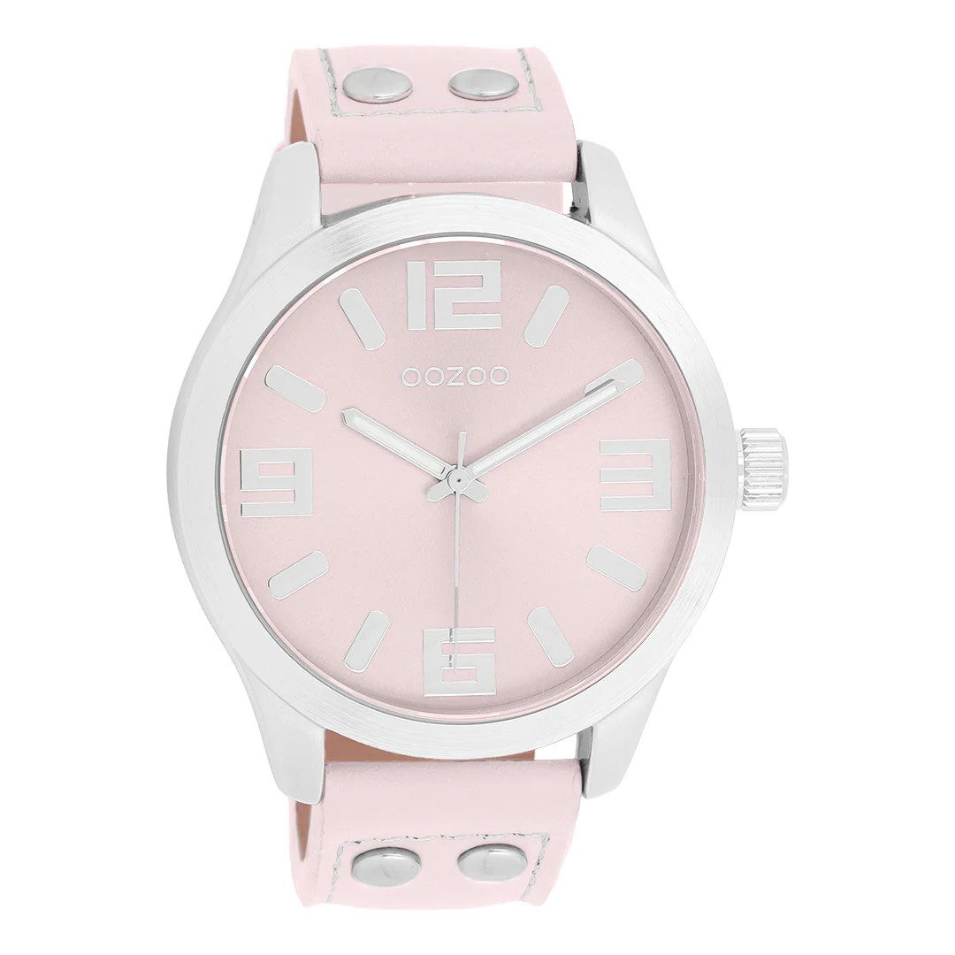 OOZOO Quarzuhr Damenuhr C11553, 46 mm, mit Zifferblatt & Lederband in Puderrosa, modernes Oversize-Design