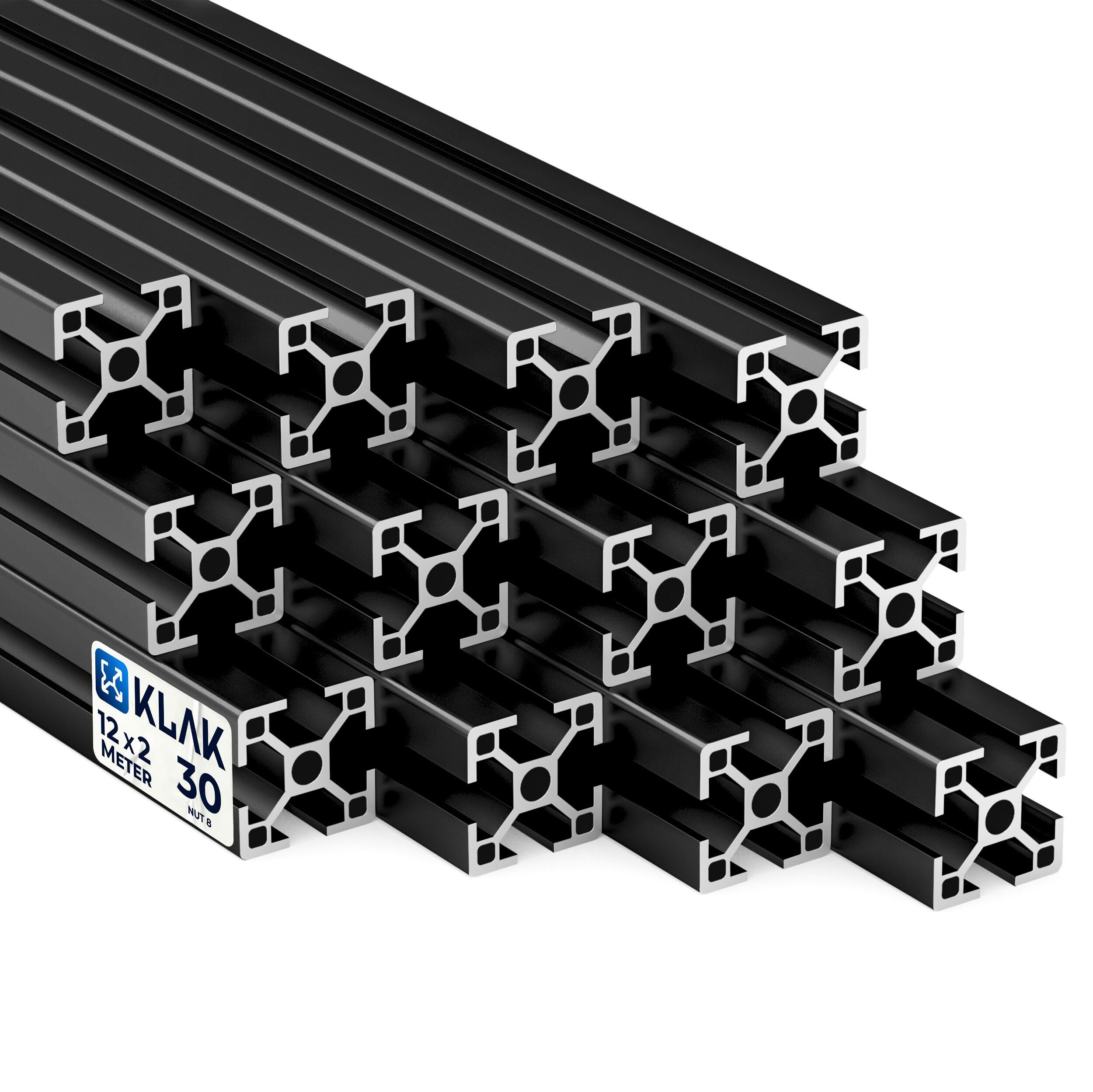 KLAK Profil KLAK 30 - 12x Aluprofil 30x30mm 2m Montageprofil Typ-I Nut 8 schwarz (Set)