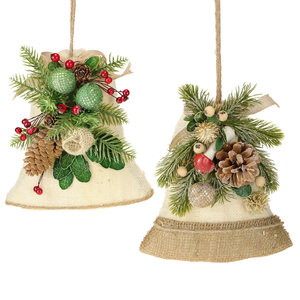 Kaemingk Christbaumschmuck Rustikale Weihnachtsglocken Dekoration Tannenzweige Zapfen, 2 Stück