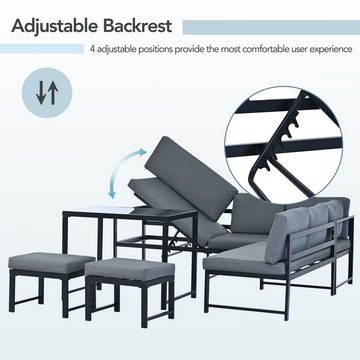 Tongtong Gartenlounge-Set Aluminium Sitzgruppe mit weiche Sitz- und Rückenkissen, Grau, mit Liegefunktion, Vierter Gang verstellbare Rückenlehne