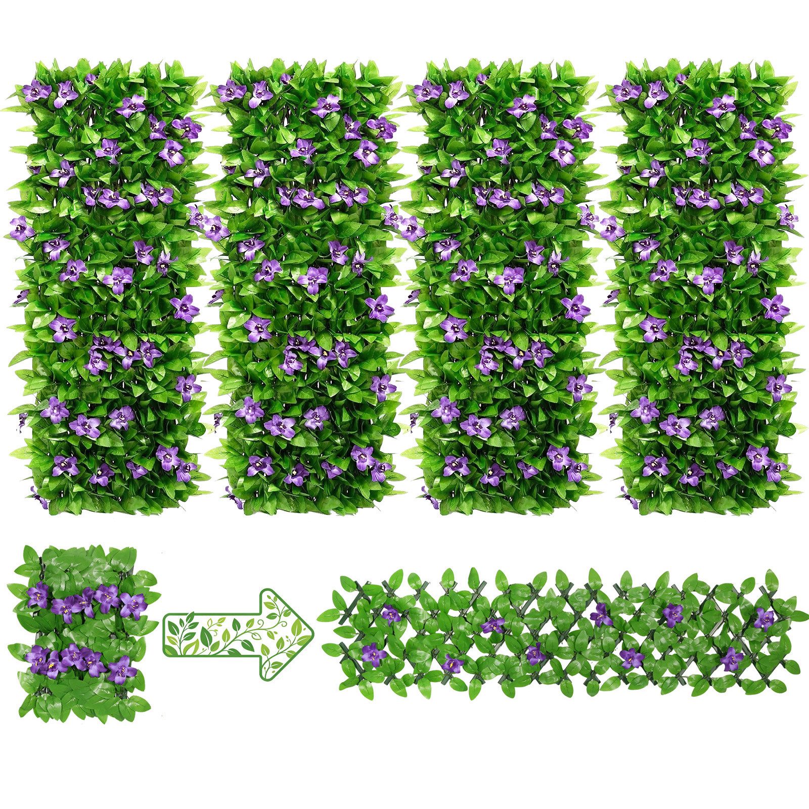BlingBin Gartenzaun Ausziehbare Künstliche Blumenzaun, Max. 200 cm Efeu-Zaun-Sichtschutz, (4er Set, 4-St., Maße im ungestreckten Zustand: 20 x 40 cm), Erweiterbares Garten-Sichtschutz-Hecke mit Blume für Balkon, Terrasse
