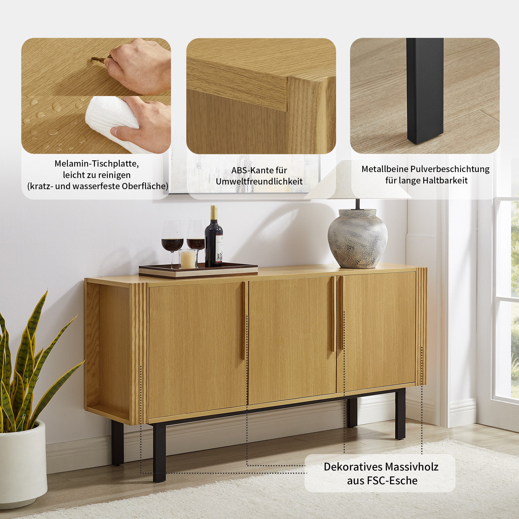 OTTO home Sideboard Stiven, Eukalyptus und Esche, kombiniert mit Melamin, MDF und ABS-Kunststoff