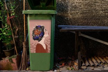 MuchoWow Wandsticker Porträt - Blumen - Frau - Braun - Pastell (1 St), Mülleimer-aufkleber, Mülltonne, Sticker, Container, Abfalbehälter
