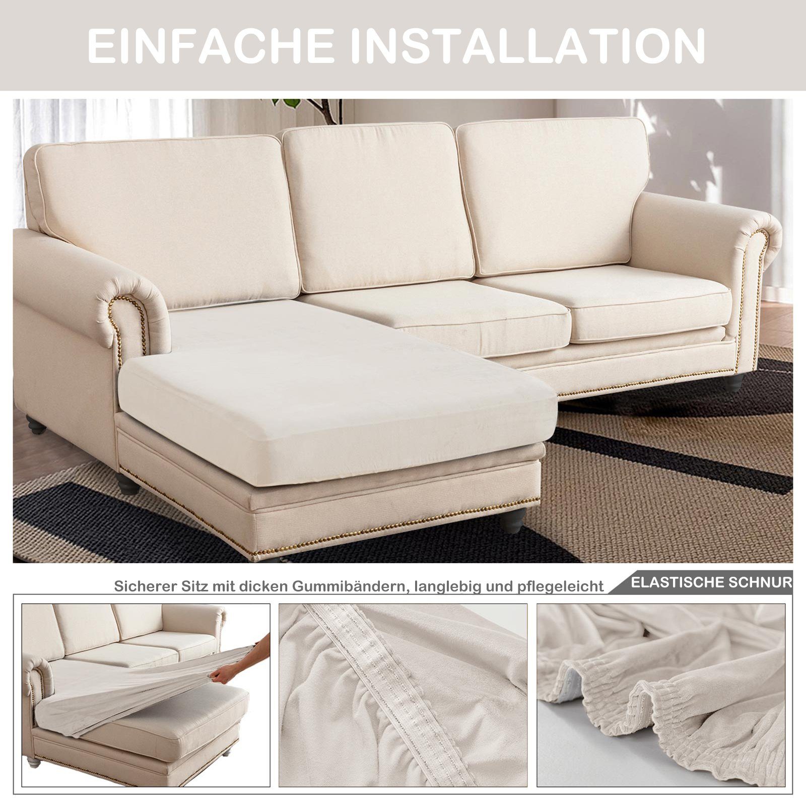 Set) Chaise Elastic Sofa 3-tlg. Schonbezug Samt Sofahusse+Einzelner BTTO, Loung *2 Elfenbein Sitzkissenbezug Couchüberzug( Sofahusse Sofahusse St Stretch ,