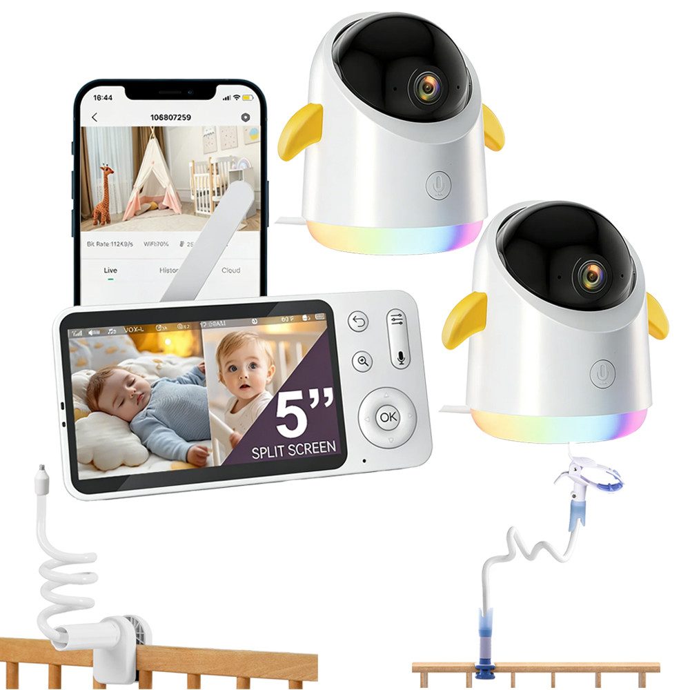 Boifun Video-Babyphone Babyphone mit 2 Kameras App Split-Screen-Anzeige, 2K HD Bild, PTZ 355°/60°, 4×Zoom, Automatische Verfolgung, 1-tlg., Weinen/Bewegungs/Geräuscherkennung, Temperatur, Loop-Nachtlicht ausgestattet,14 Schlaflieder