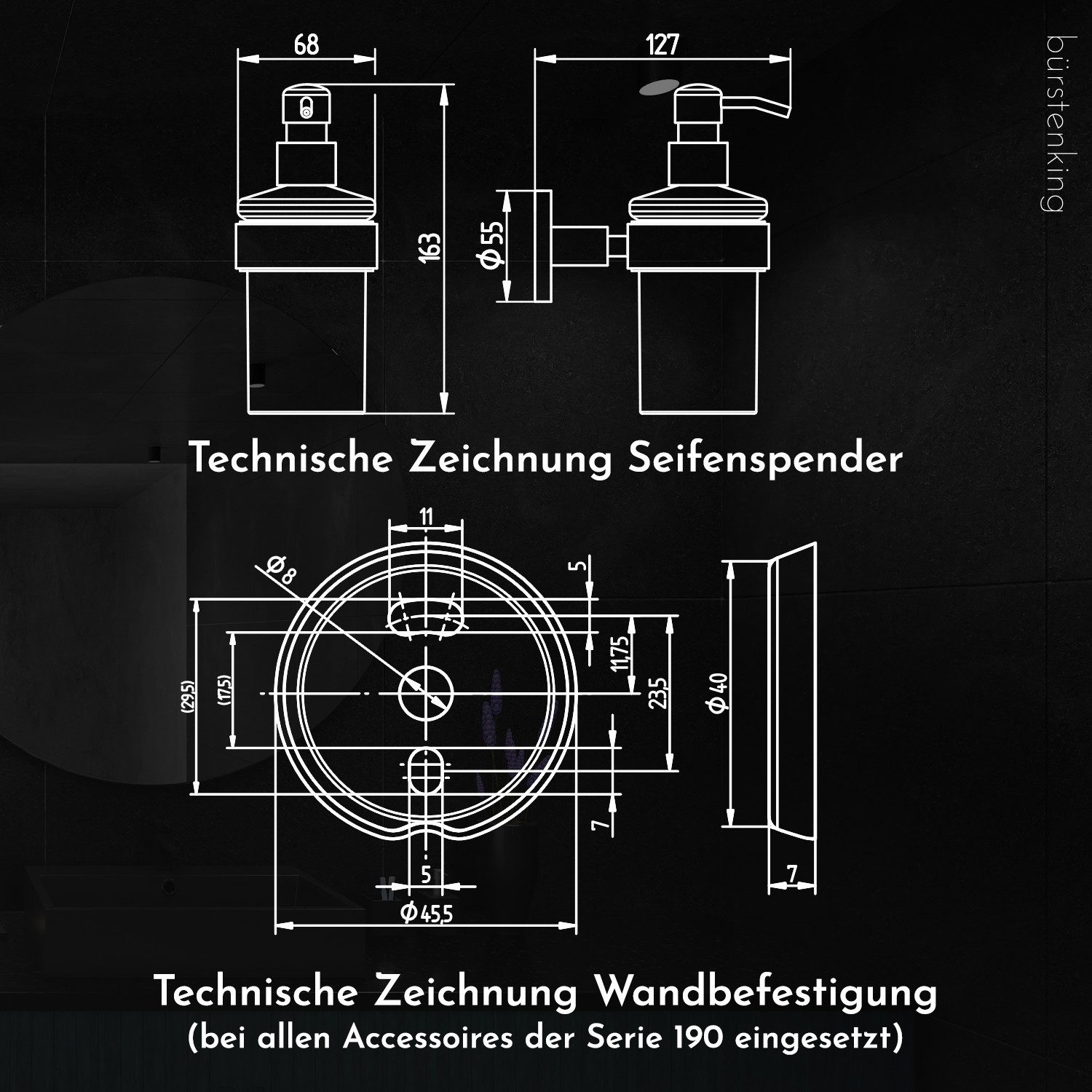 Bürstenking Seifenspender Bürstenking Seifenspender 200 ml Edelstahl matt, Wandmontage Serie 190, Rostfrei, PVC-frei, nickelfrei, quecksilberfrei – Bild 4 von 5