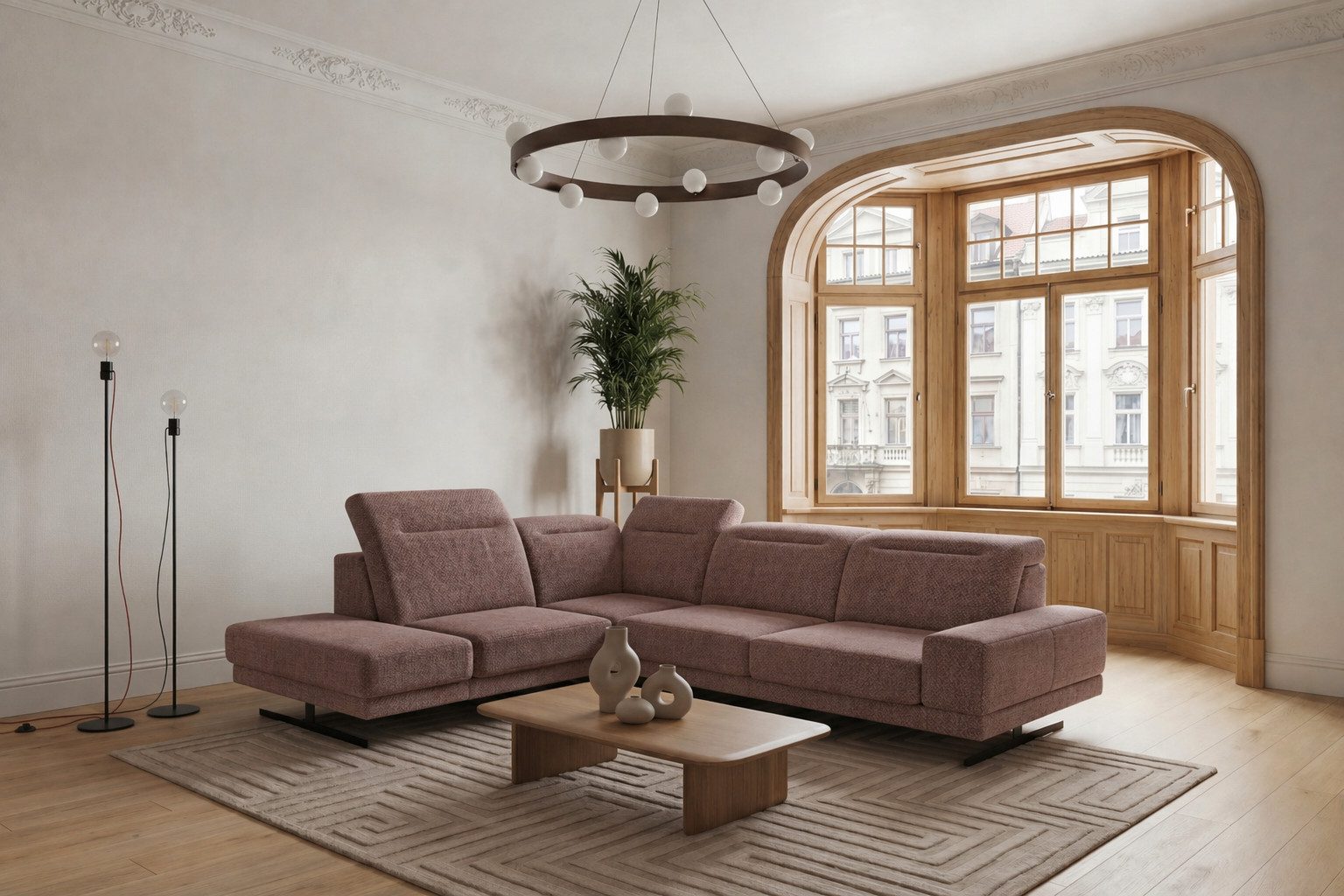 Friderik-EU Ecksofa Lorenzo L-Form, verstellbare Kopfstützen, T35- & HR-Schaum, hohe Füße 16cm