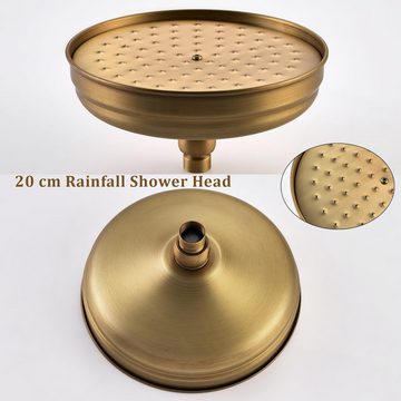 ESOP Duschsystem Duscharmatur Messing Antik Regendusche Wandhalterung, mit 20cm Drehbar Duschkopf, Handbrause, Einstellbar Duschstange