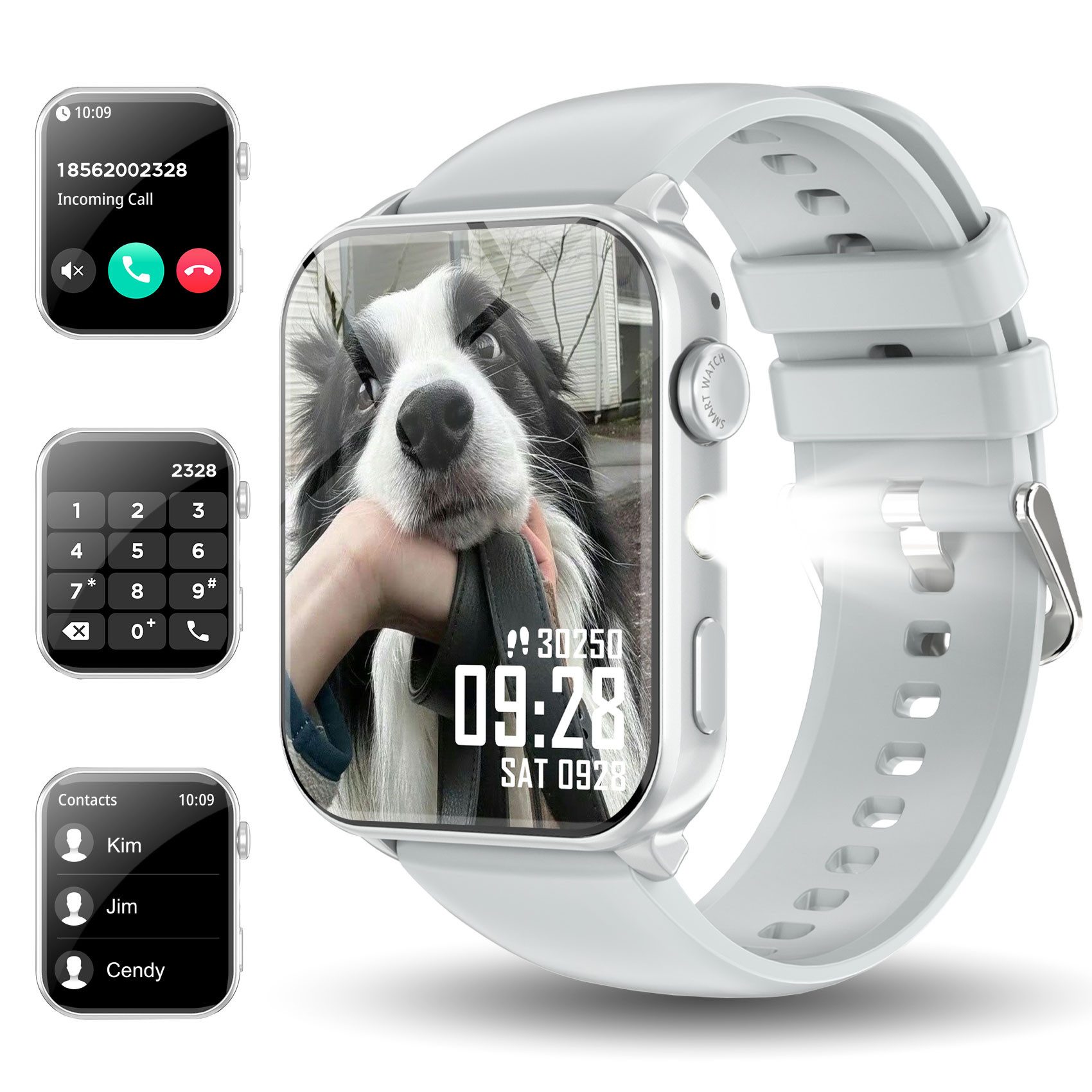 IOWODO Smartwatch Damen Herren 1,91" HD Touch, mit LED Lampe& Bluetooth Anruf Smartwatch, mit Wechselband aus weichem Silikon und Ladekabel, 5 Tage Akku,350 mAh,SpO₂/HR/Schlaf,App-Fitnesskurse,Schrittzähler,IP68