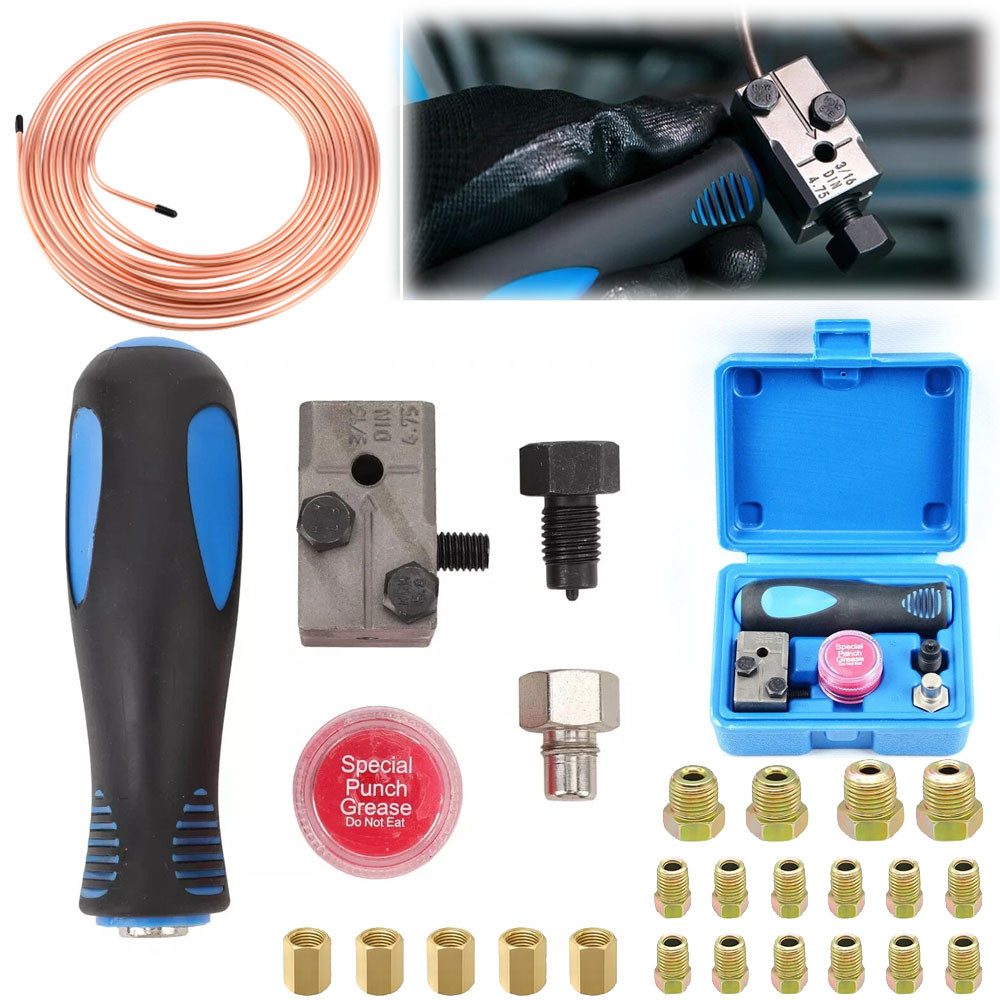 PRIISF Bördelgerät DIN F-Bördel Bördelungen Universal Bremsleitung Bremsrohr Bördelgerät, (7,62 m Bremsleitung Ø 4,75mm (3/16) Set mit 16Pcs Verschraubungen & 5Pcs Verbinder, für Bremsleitung Bördel DIN Kupfer Verkupfertes Stahl Sortiment), für DIN-Bördelung an Brems- und Hydraulik-Leitungen Bremsrohrreibahle