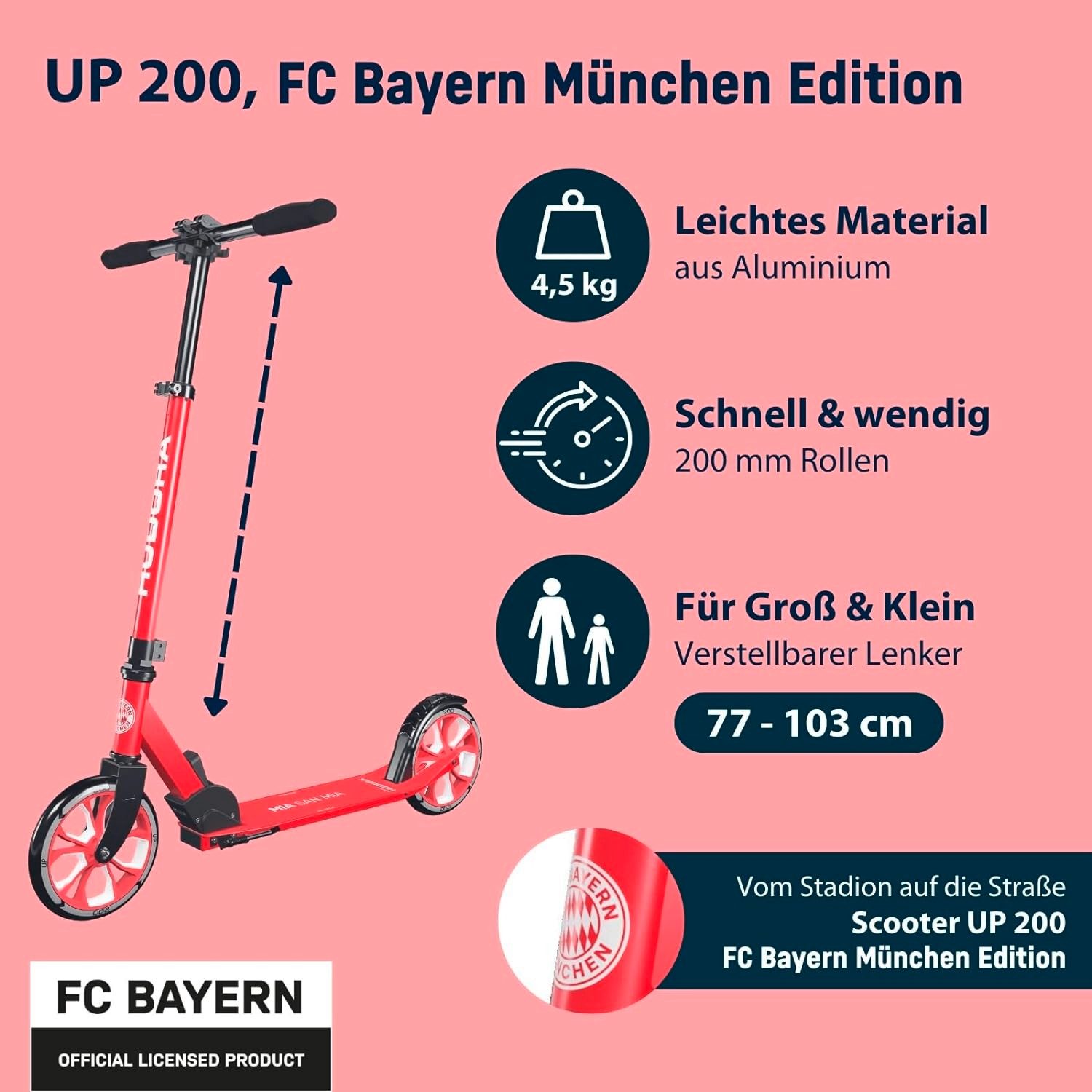 Hudora Cityroller Up 200, Lizenzierter FC Bayern München Fan-Scooter, bis zu 100 kg - Höhenverstellbar - Zusammenklappbar
