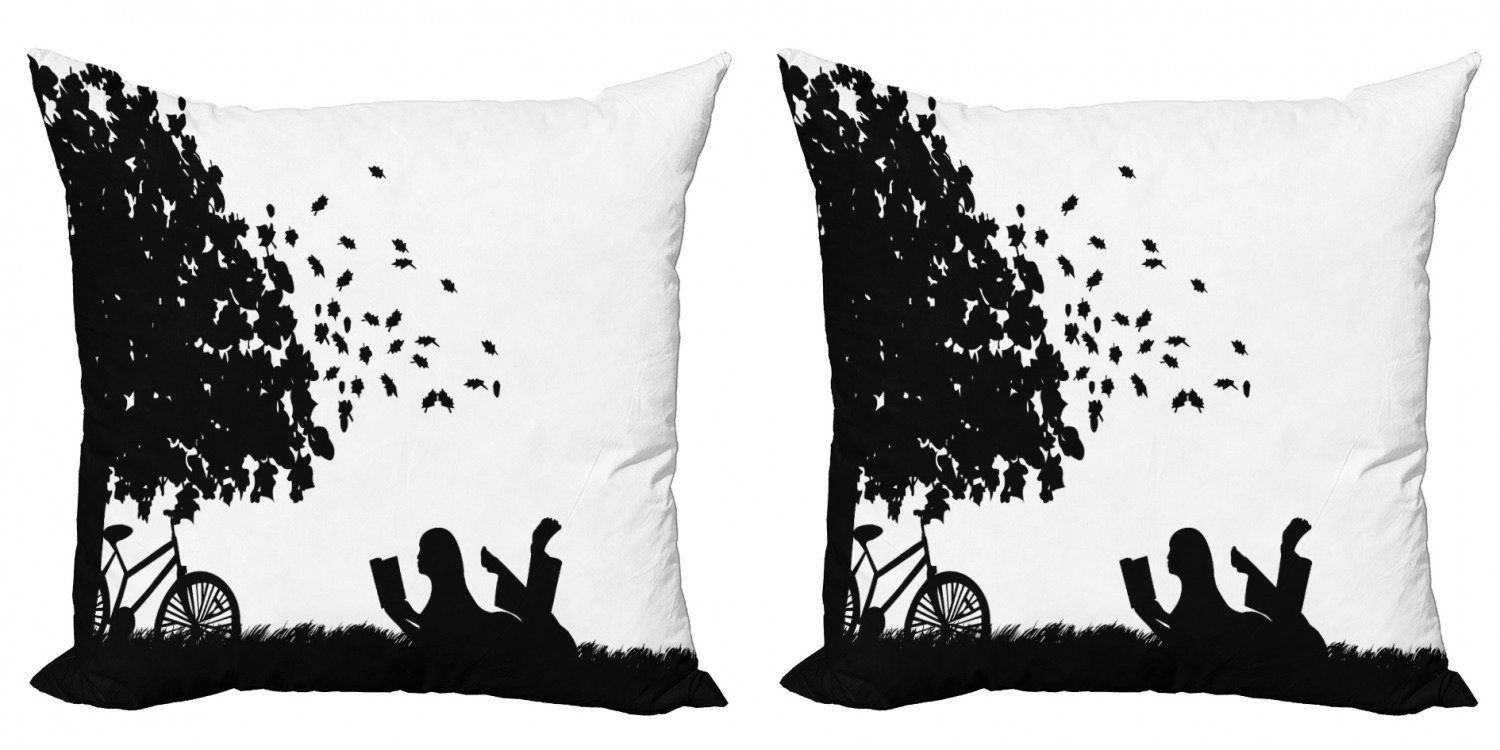 Kissenbezüge Modern Accent Doppelseitiger Digitaldruck, Abakuhaus (2 Stück), Schwarz und weiß Mädchen mit Fahrrad