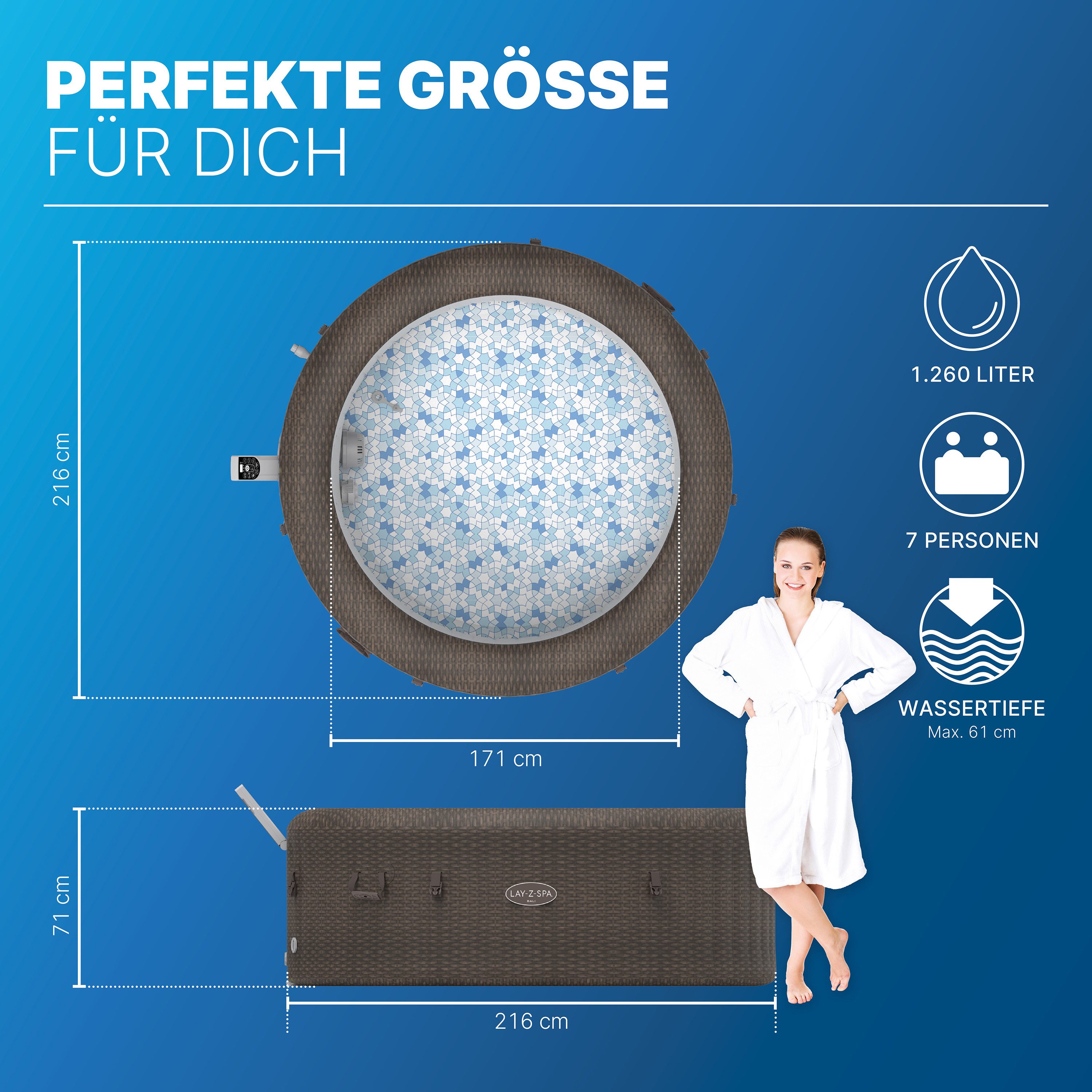 Bestway Whirlpool LAY-Z-SPA® Bali AirJet™, Aufstellbecken, (Set, Inkl. App-Steuerung, für max. 7 Personen), Ø 216 x 71 cm