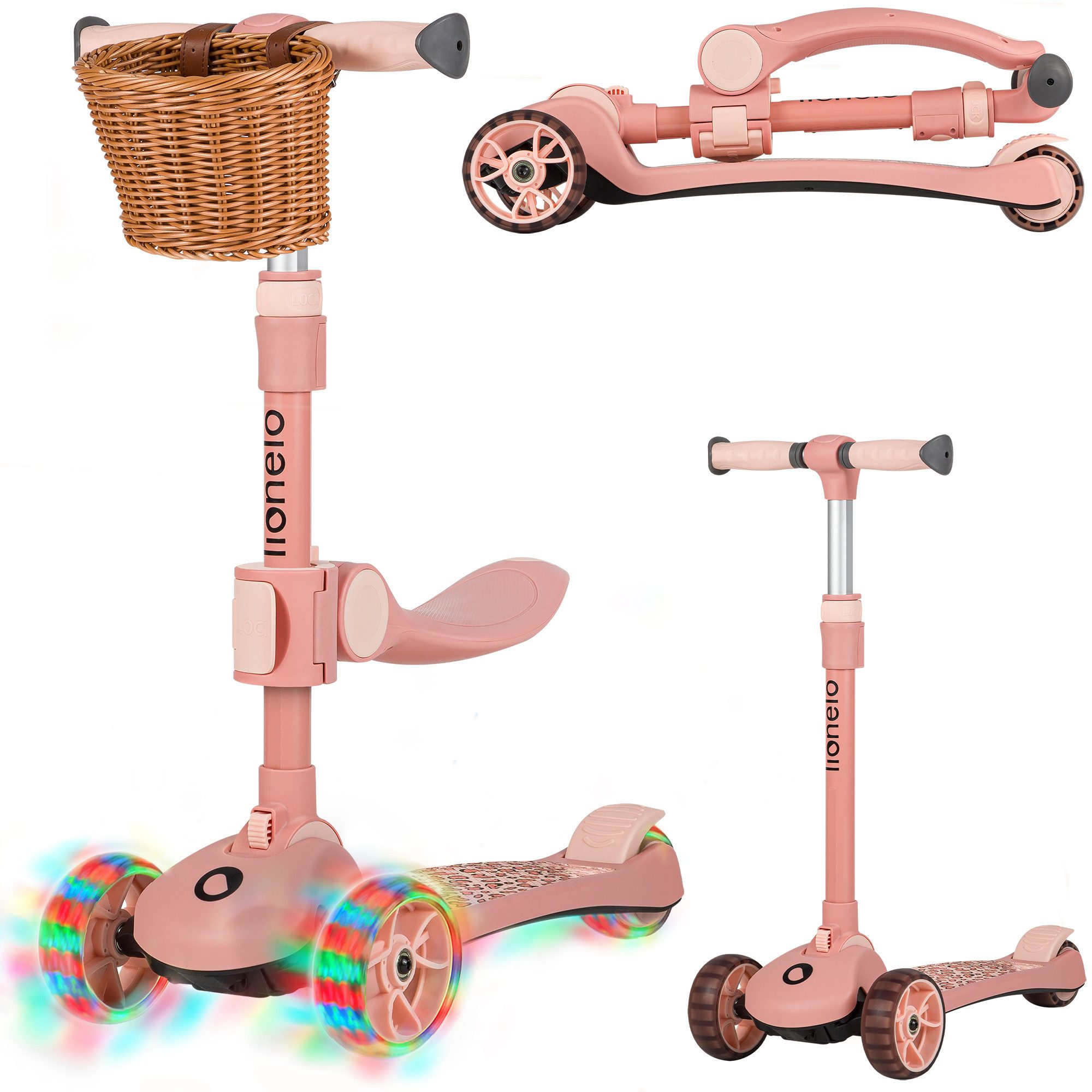 lionelo Dreiradscooter FRANKY, (Set, Balance Roller, Sitz, Korb), 2in1:Erstes Dreirad und Scooter/Leuchtende Räder/Ergonomisch